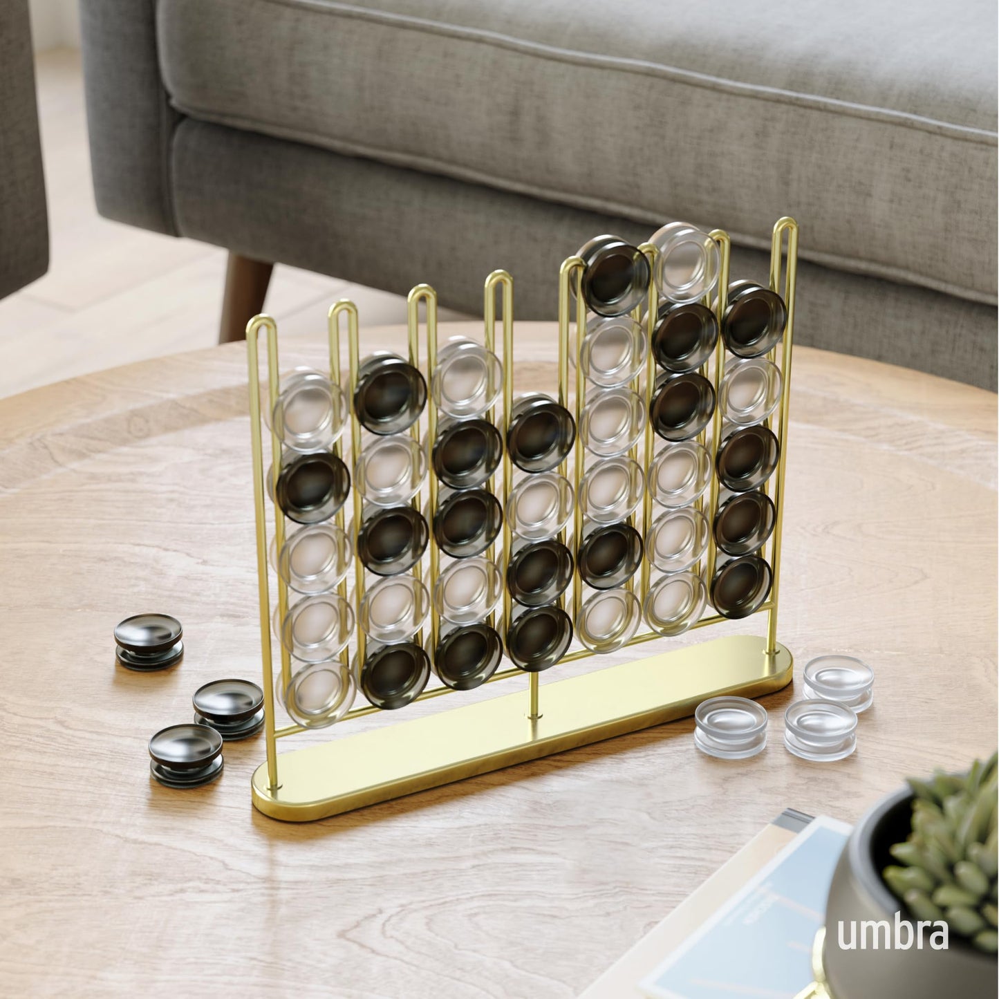 Umbra STAX Four-in-a-Row Game, Brass Finish – Modern Desk Decor & Family Fun