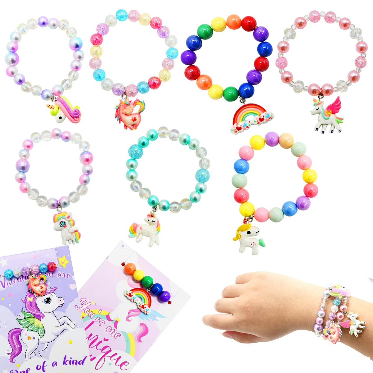 UMEELR 28 Pack Unicorn Rainbow Bracelets — Gift Cards Included, Classroom Prizes & Party Favors