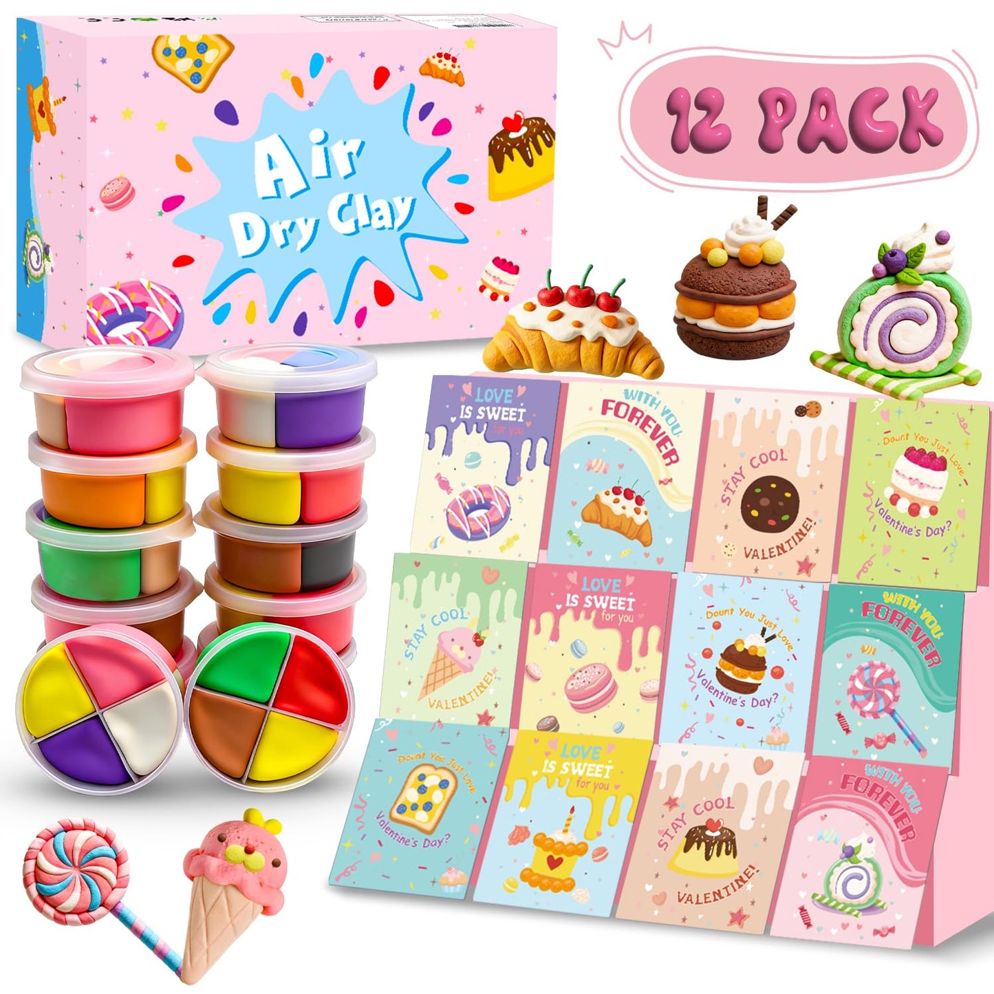 UMEELR Air Dry Clay Kit with Greeting Cards – 12-Box Dessert Clay Set for Kids, Classroom Craft, Party Favors