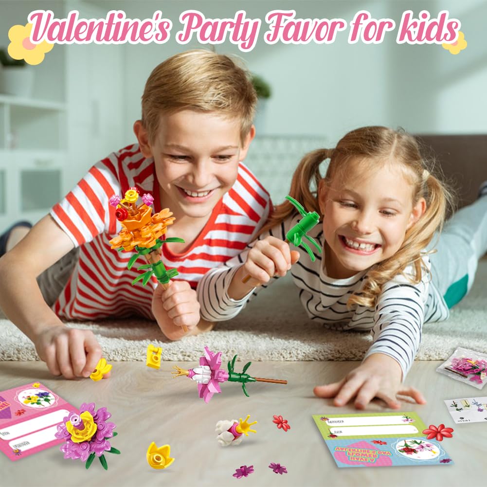 UMEELR 24-Pack Valentine Flower Building Blocks for Kids | Bouquet Gifts & Classroom Prizes