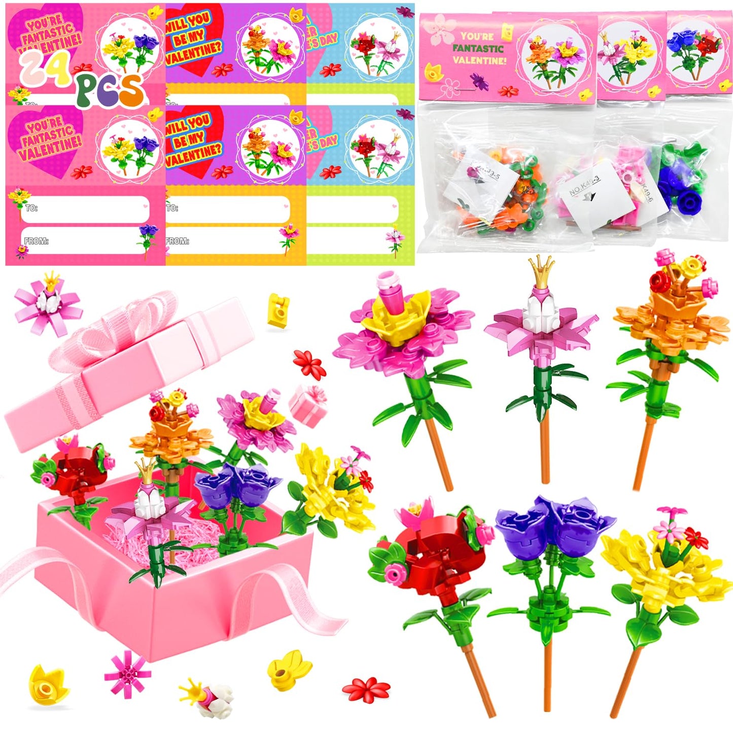 UMEELR 24-Pack Valentine Flower Building Blocks for Kids | Bouquet Gifts & Classroom Prizes
