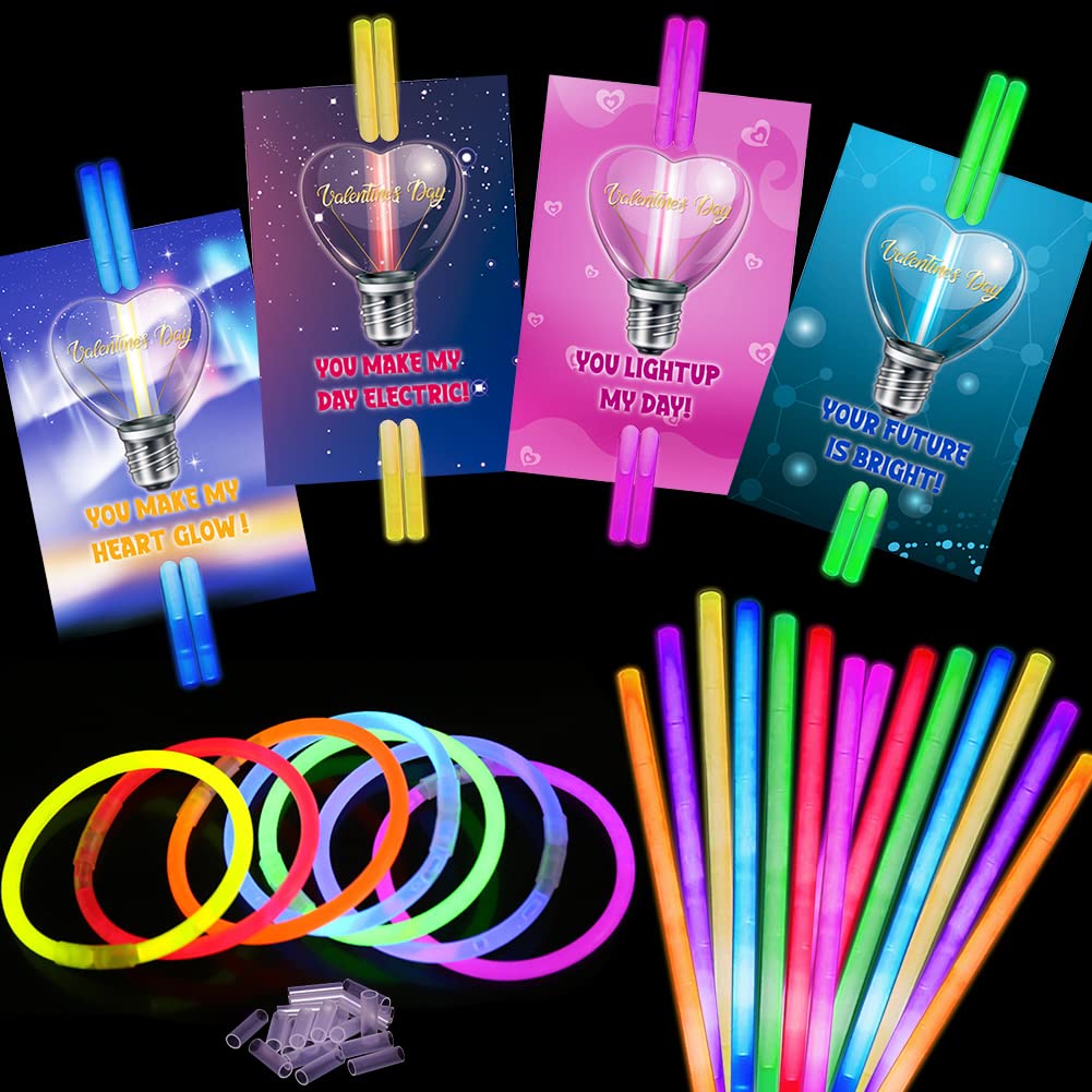 UMEELR 50 Glow Sticks with 24 Valentine Gift Cards – Valentine Party Favors Kit