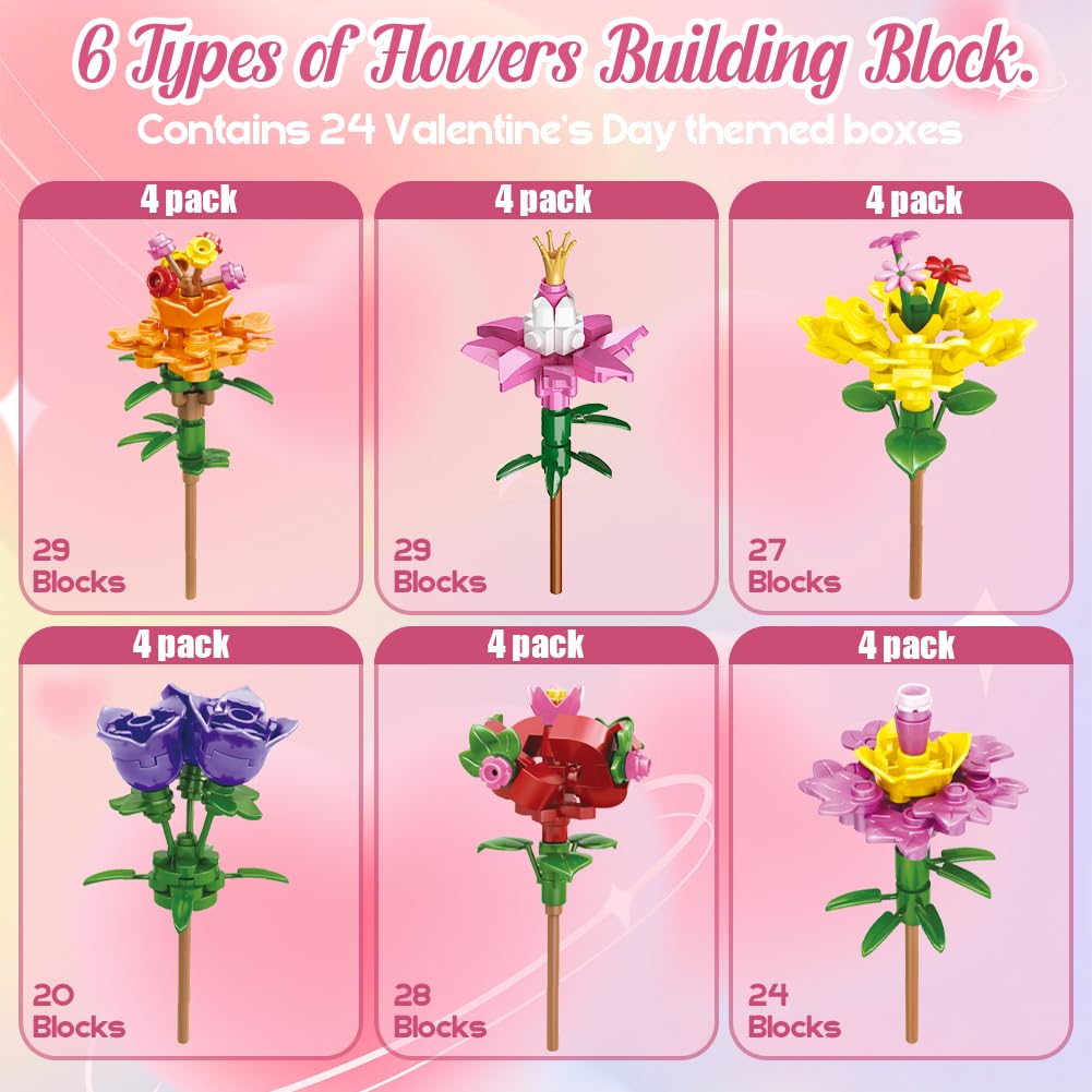 UMEELR 24-Pack Valentine Flower Building Blocks for Kids | Bouquet Gifts & Classroom Prizes