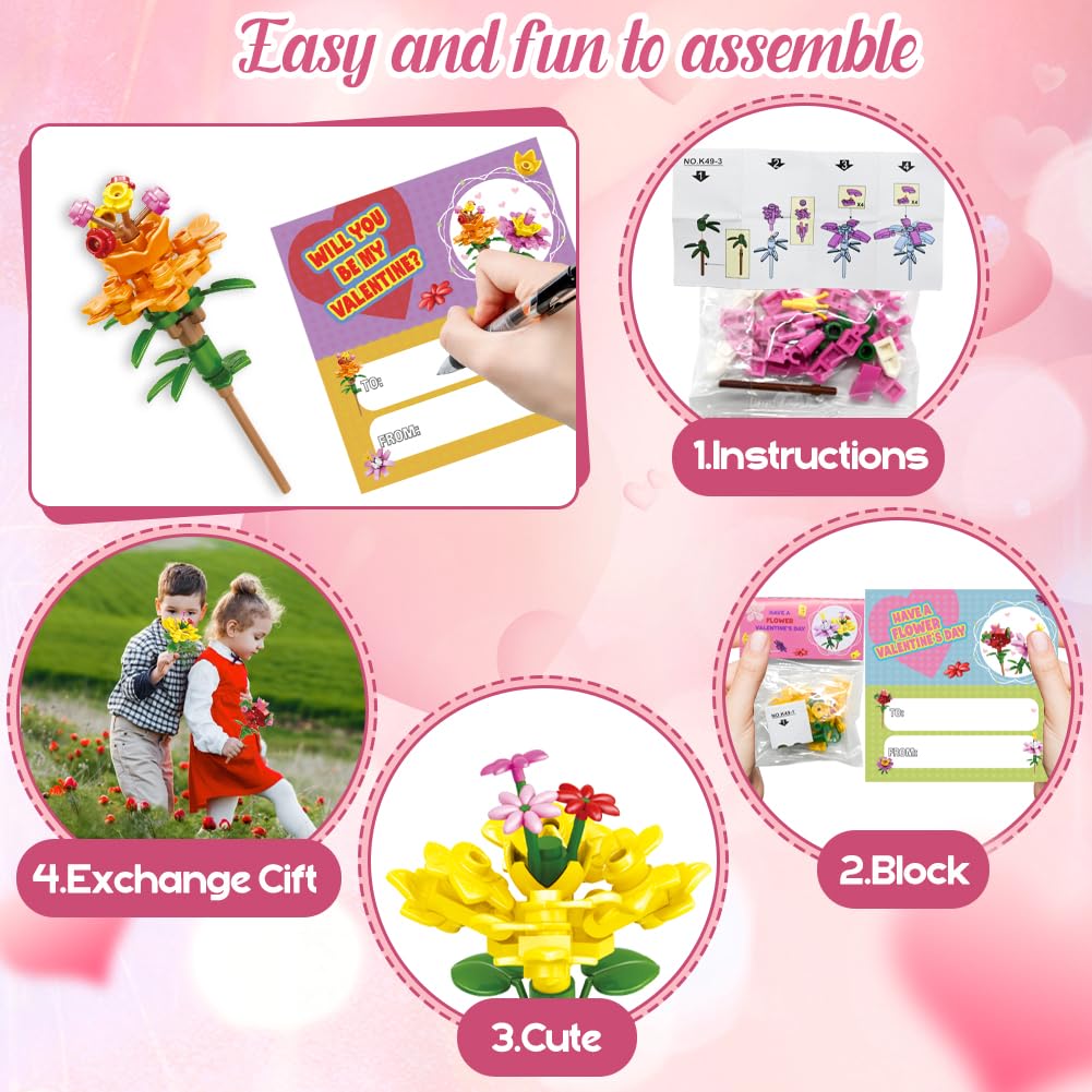 UMEELR 24-Pack Valentine Flower Building Blocks for Kids | Bouquet Gifts & Classroom Prizes