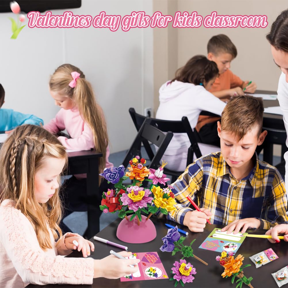 UMEELR 24-Pack Valentine Flower Building Blocks for Kids | Bouquet Gifts & Classroom Prizes
