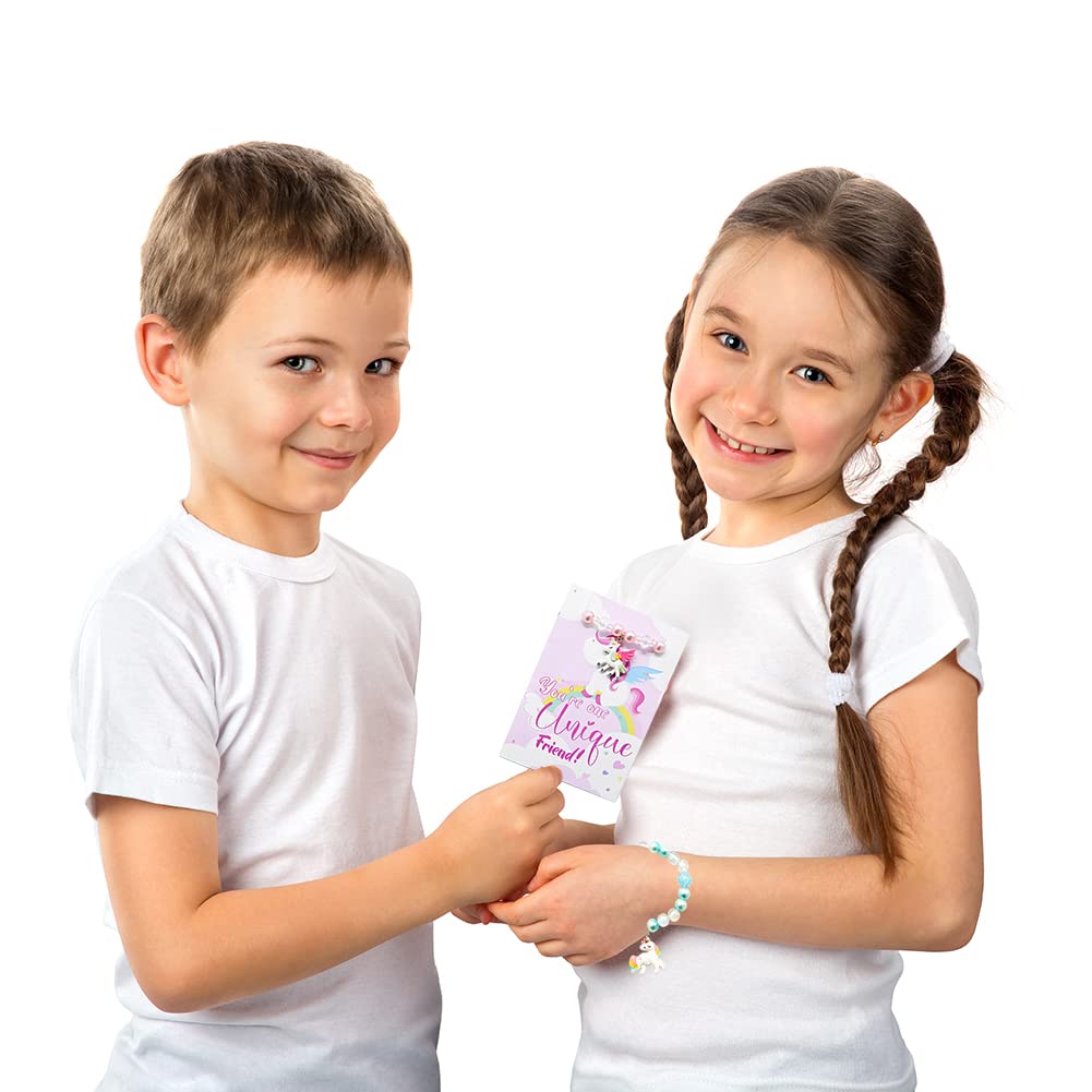 UMEELR 28 Pack Unicorn Rainbow Bracelets — Gift Cards Included, Classroom Prizes & Party Favors