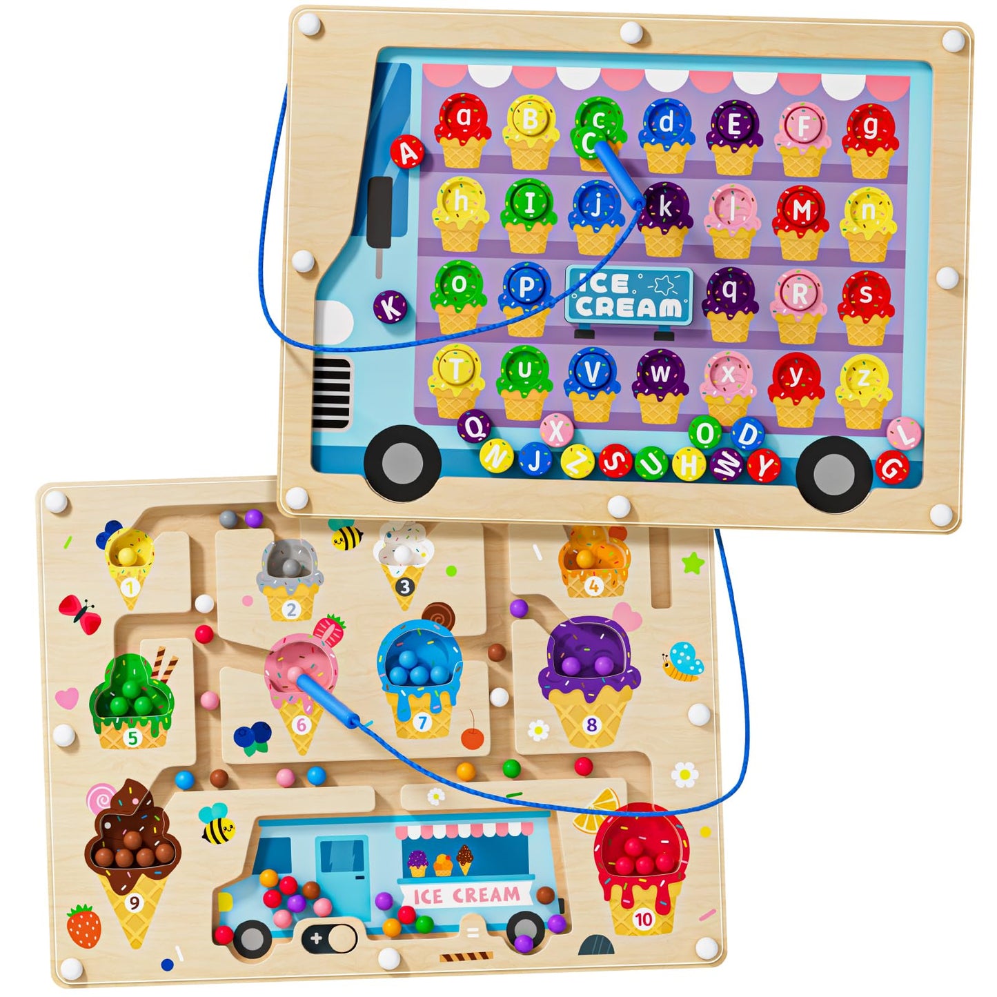 UMEREACT 2-in-1 Magnetic Color & Number Maze – Wooden Alphabet & Dinosaur Counting Board for Preschool (Ages 3+)