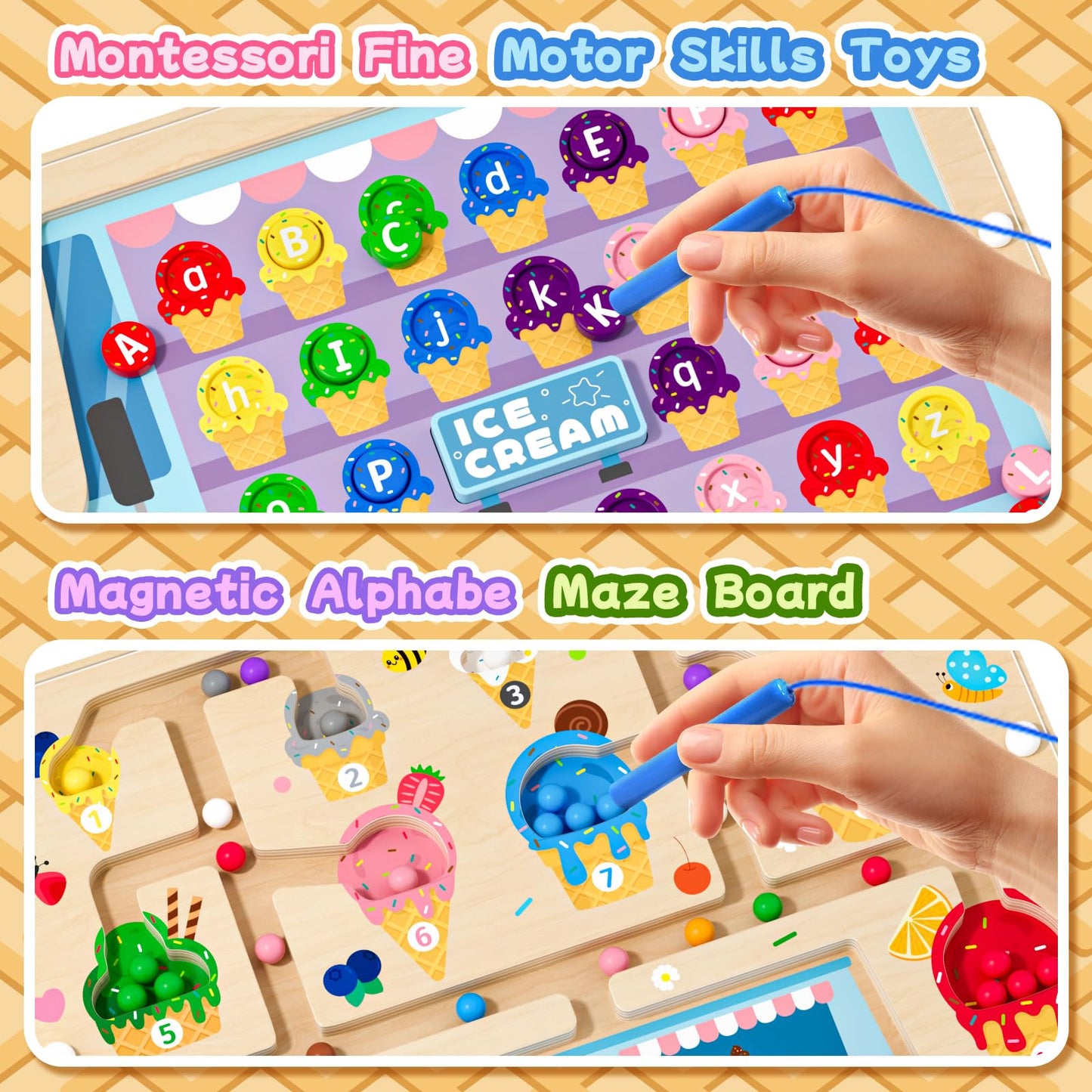 UMEREACT 2-in-1 Magnetic Color & Number Maze – Wooden Alphabet & Dinosaur Counting Board for Preschool (Ages 3+)