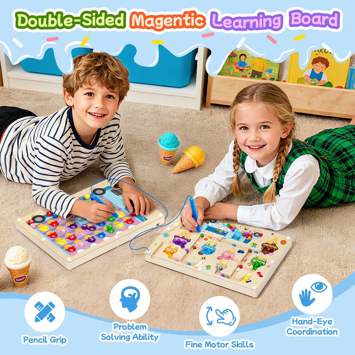 UMEREACT 2-in-1 Magnetic Color & Number Maze – Wooden Alphabet & Dinosaur Counting Board for Preschool (Ages 3+)