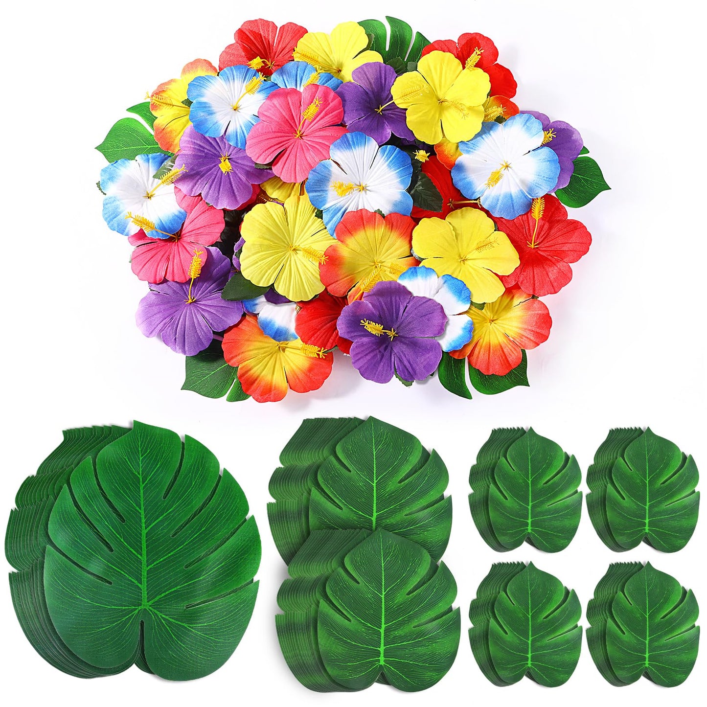 UMIKU 126Pcs Luau Decorations – Tropical Palm Leaves & Hibiscus Flowers