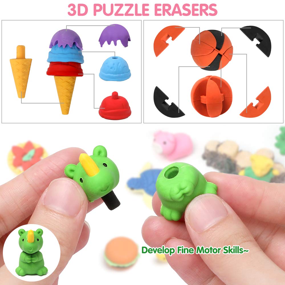 UMIKU 100-Pack 3D Animal Pencil Erasers – Kids Puzzle Erasers for Classroom Prizes