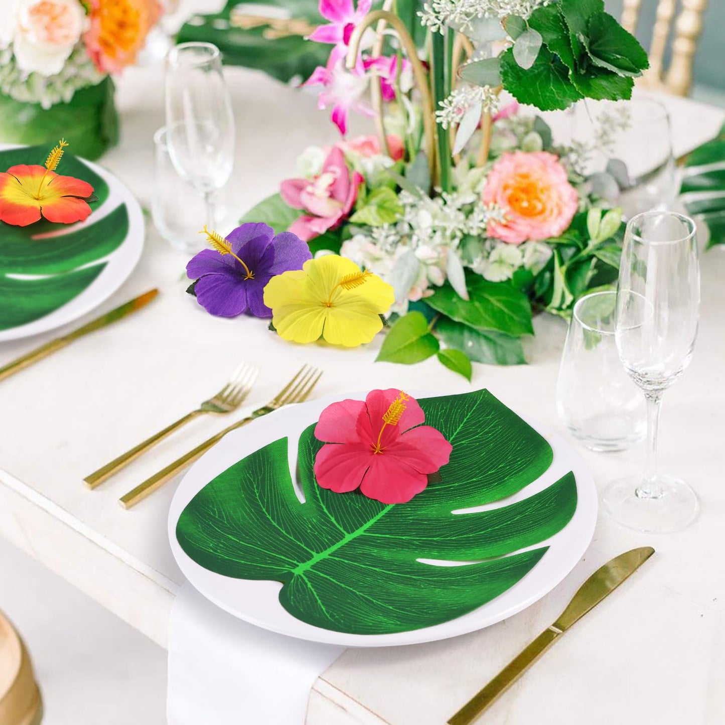 UMIKU 126Pcs Luau Decorations – Tropical Palm Leaves & Hibiscus Flowers