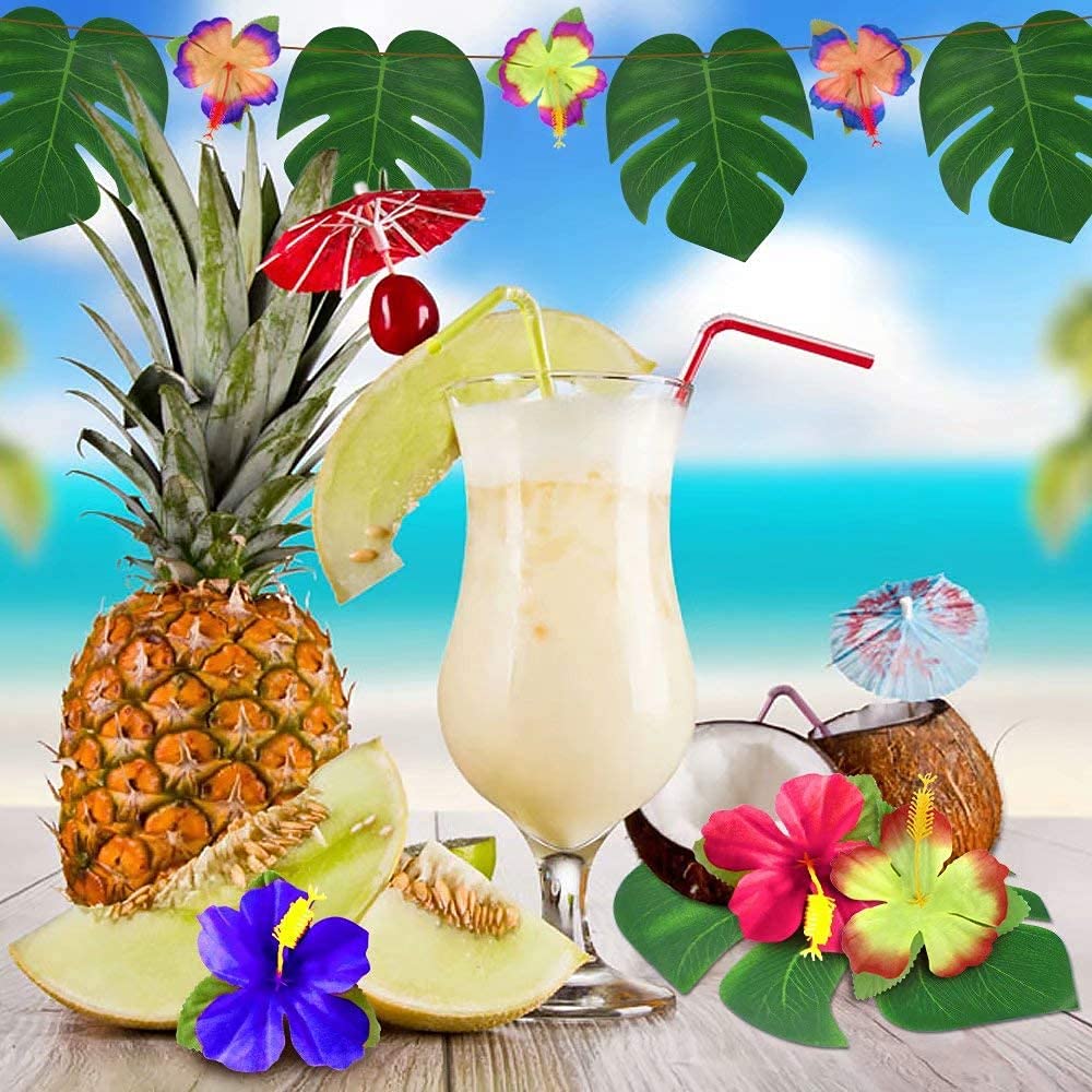 UMIKU 126Pcs Luau Decorations – Tropical Palm Leaves & Hibiscus Flowers