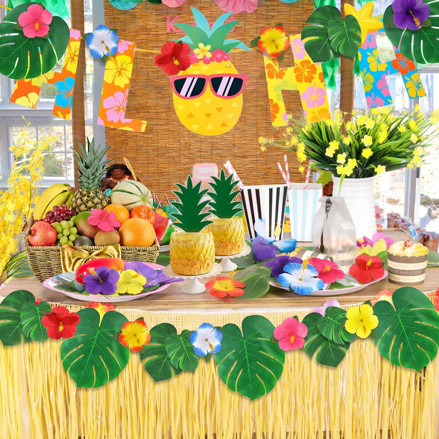 UMIKU 126Pcs Luau Decorations – Tropical Palm Leaves & Hibiscus Flowers