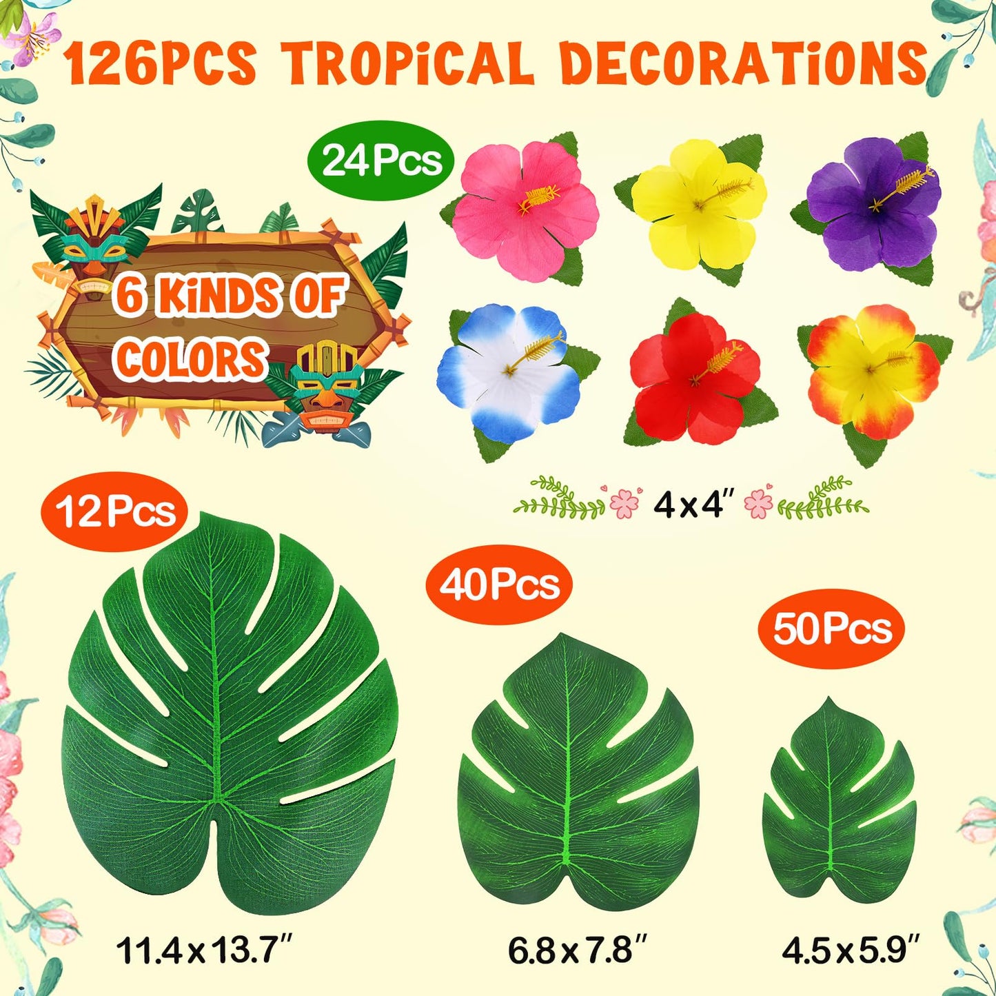 UMIKU 126Pcs Luau Decorations – Tropical Palm Leaves & Hibiscus Flowers