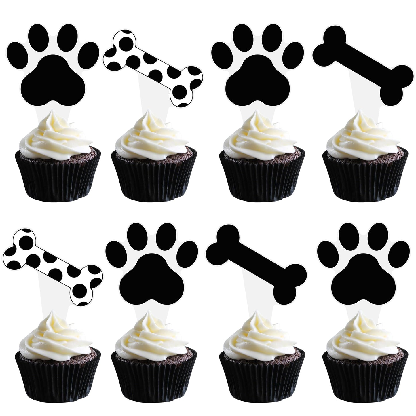 Umoni Puppy Paw Print Cupcake Toppers – 48PCS Black & White Dog Birthday Picks