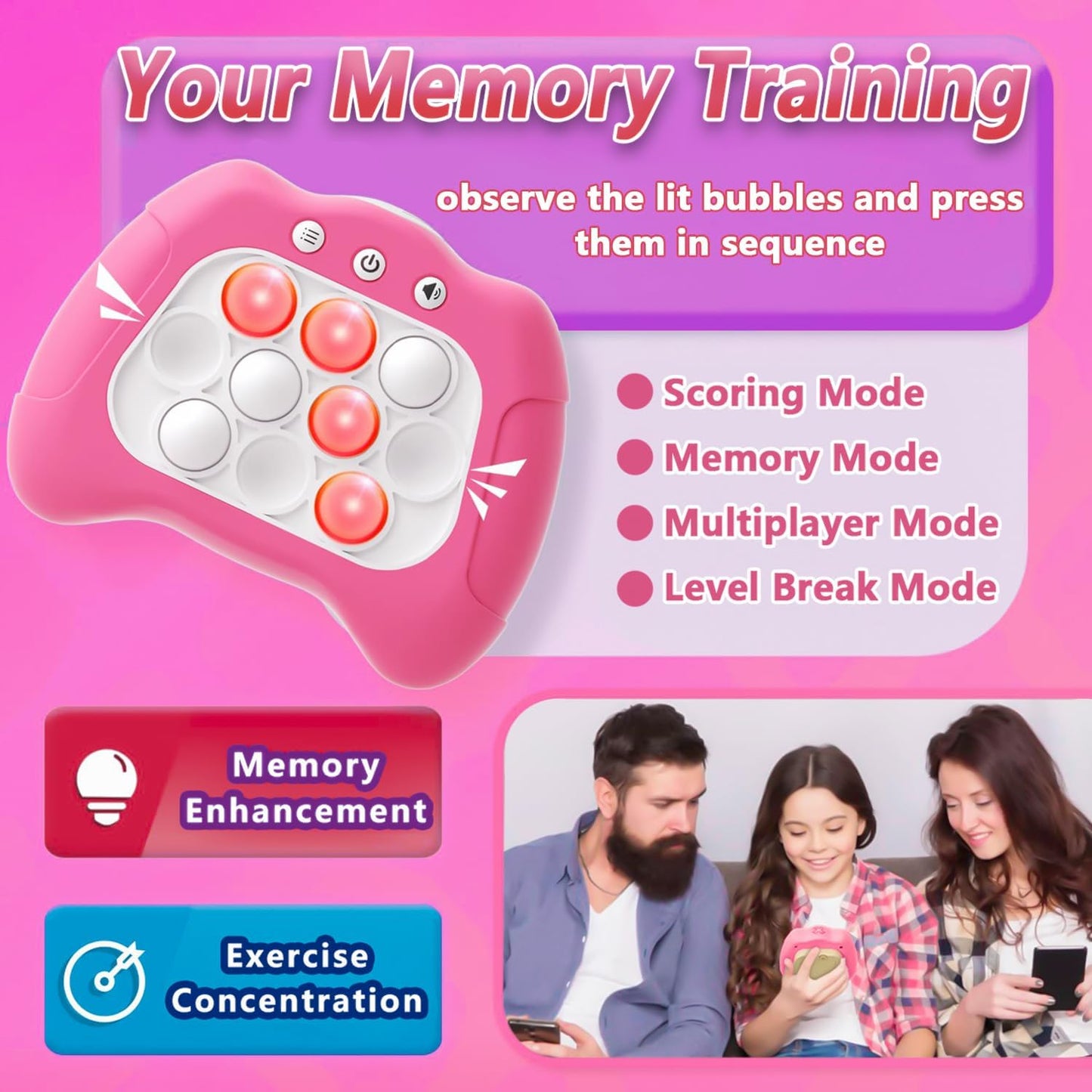 UMQYYMKO Pop Push Game Toy – Light-Up Fidget for Kids Aged 3–12 (Pink)