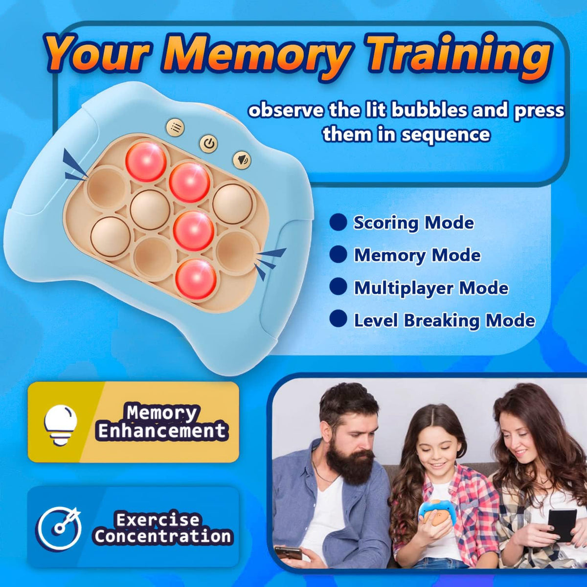 UMQYYMKO Pop Push Game Toy – Light Blue, 4 Modes, LED Lights, Portable Fidget for Kids 3-12