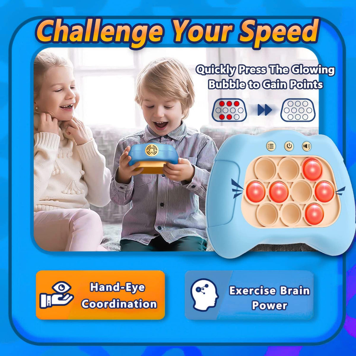 UMQYYMKO Pop Push Game Toy – Light Blue, 4 Modes, LED Lights, Portable Fidget for Kids 3-12