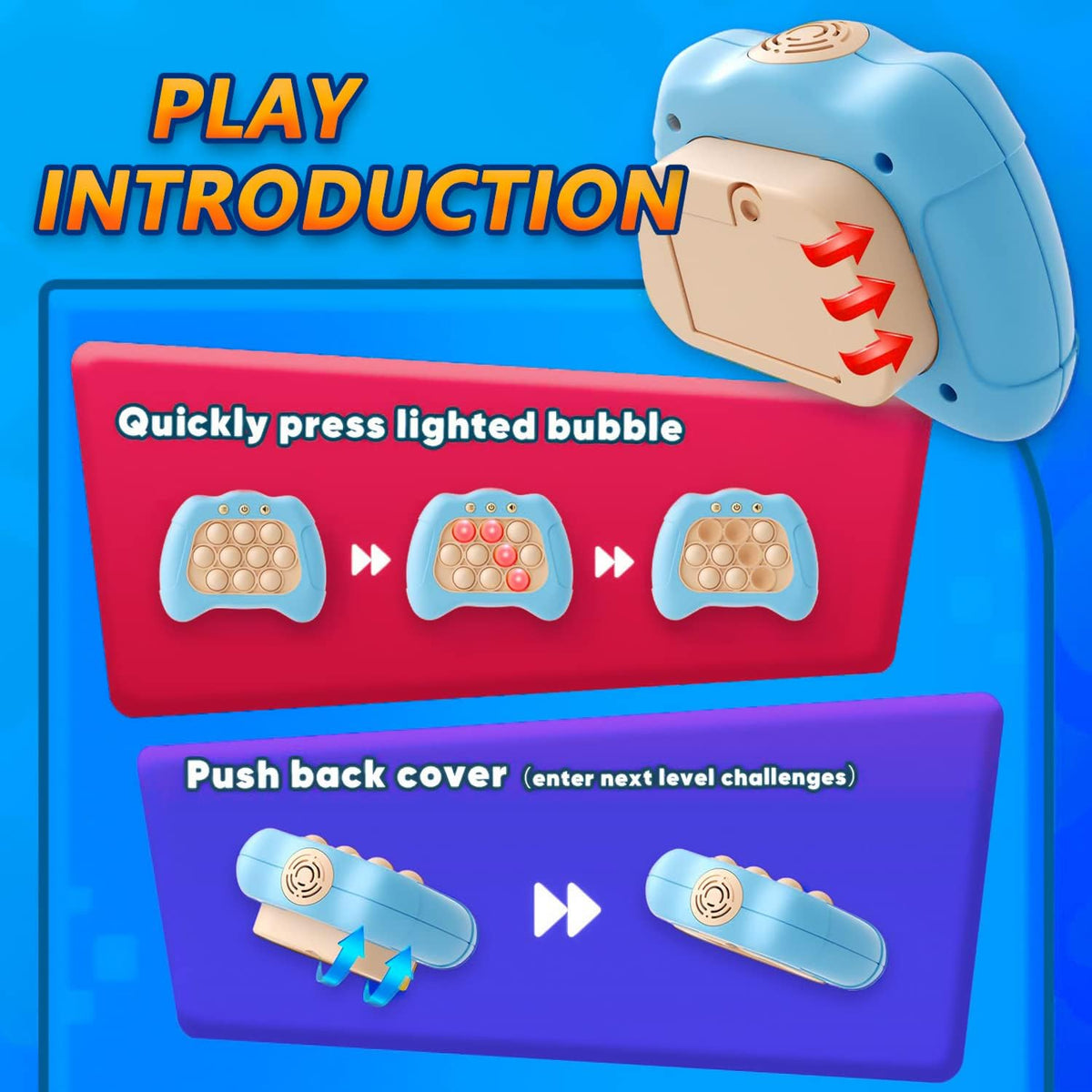 UMQYYMKO Pop Push Game Toy – Light Blue, 4 Modes, LED Lights, Portable Fidget for Kids 3-12