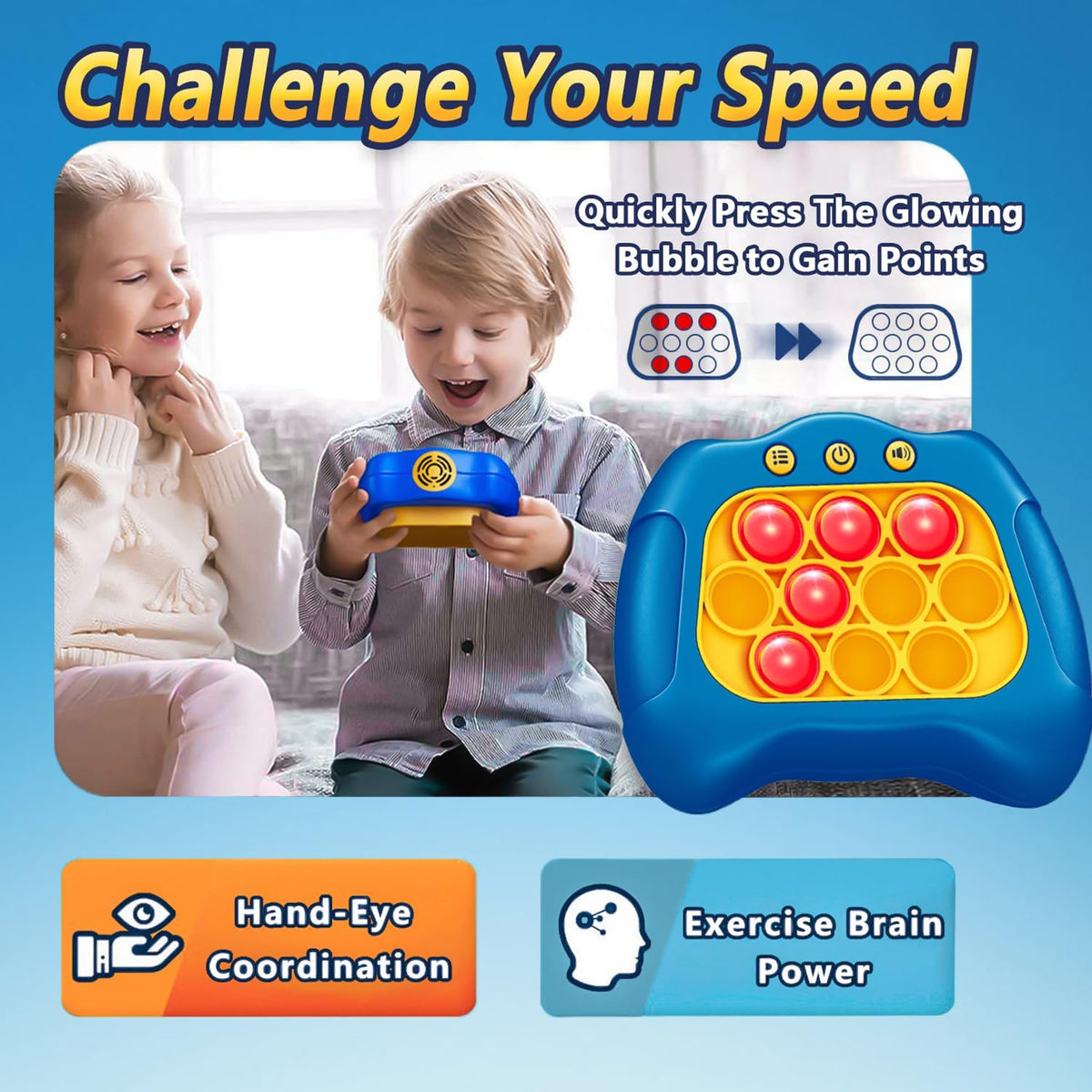 UMQYYMKO Pop Push Game Toy – Light Up Fidget Puzzle for Kids, Four Modes, Blue