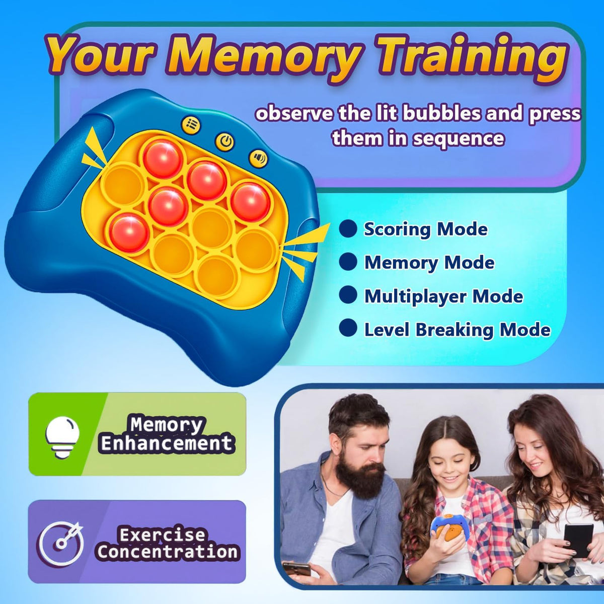 UMQYYMKO Pop Push Game Toy – Light Up Fidget Puzzle for Kids, Four Modes, Blue