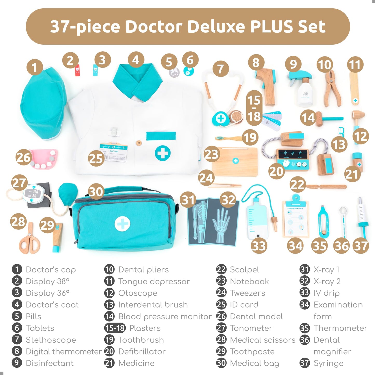 UMU Deluxe Wooden Doctor Play Set – 37-Piece Pretend Medical Kit for Kids 3–6