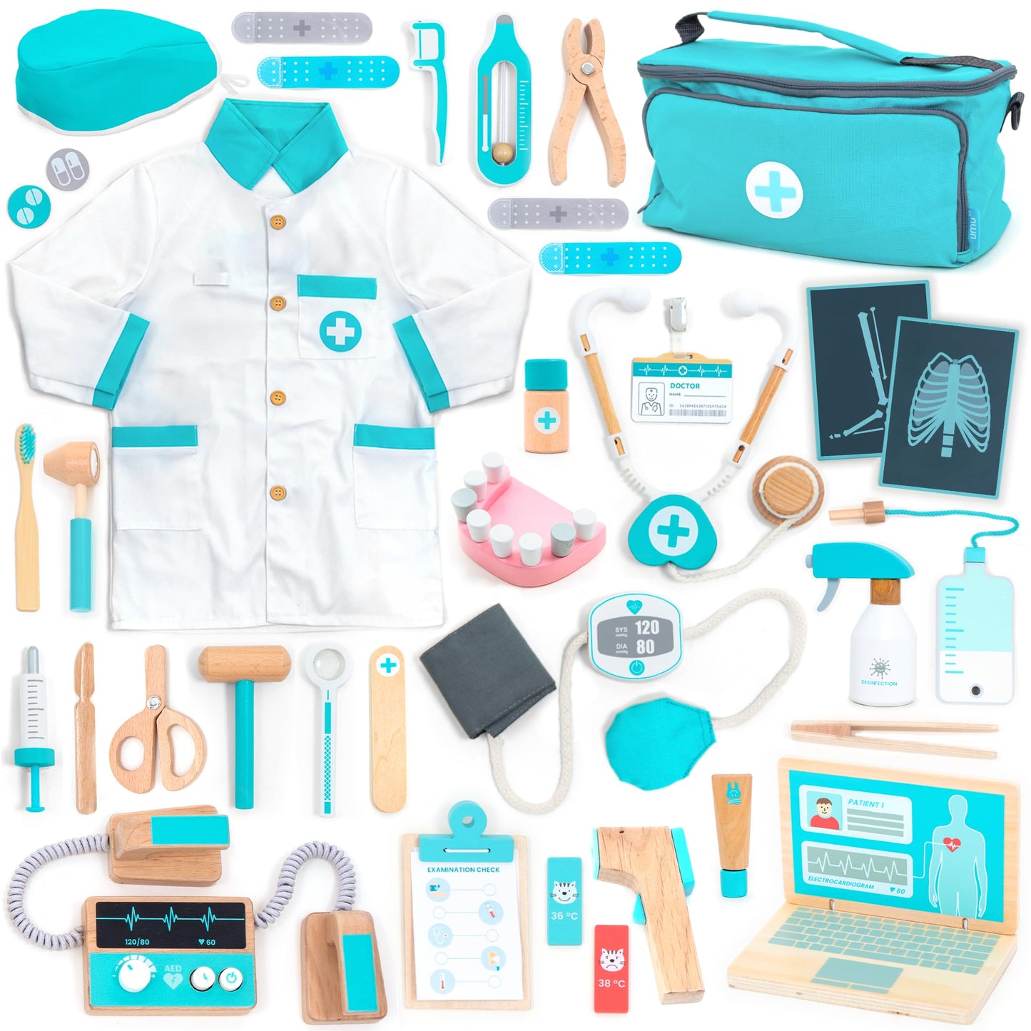UMU Deluxe Wooden Doctor Play Set – 37-Piece Pretend Medical Kit for Kids 3–6