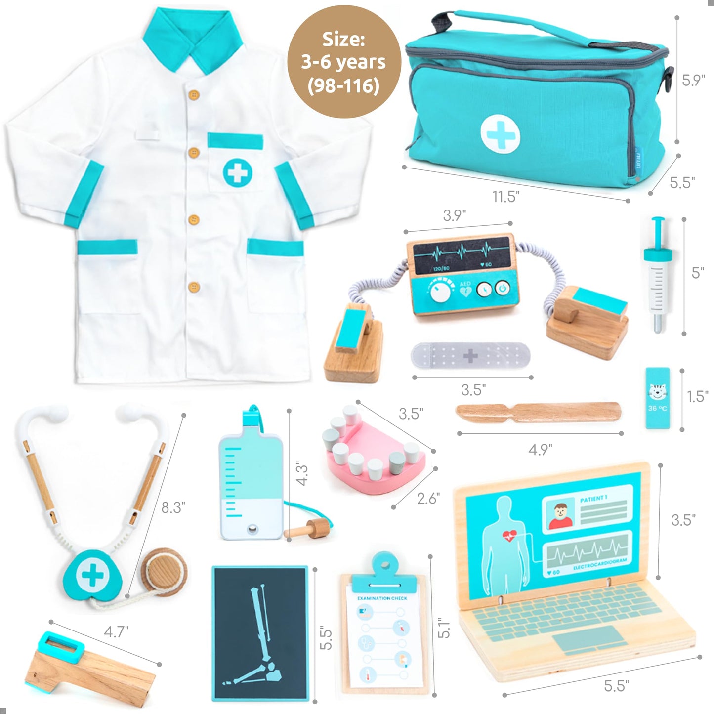 UMU Deluxe Wooden Doctor Play Set – 37-Piece Pretend Medical Kit for Kids 3–6