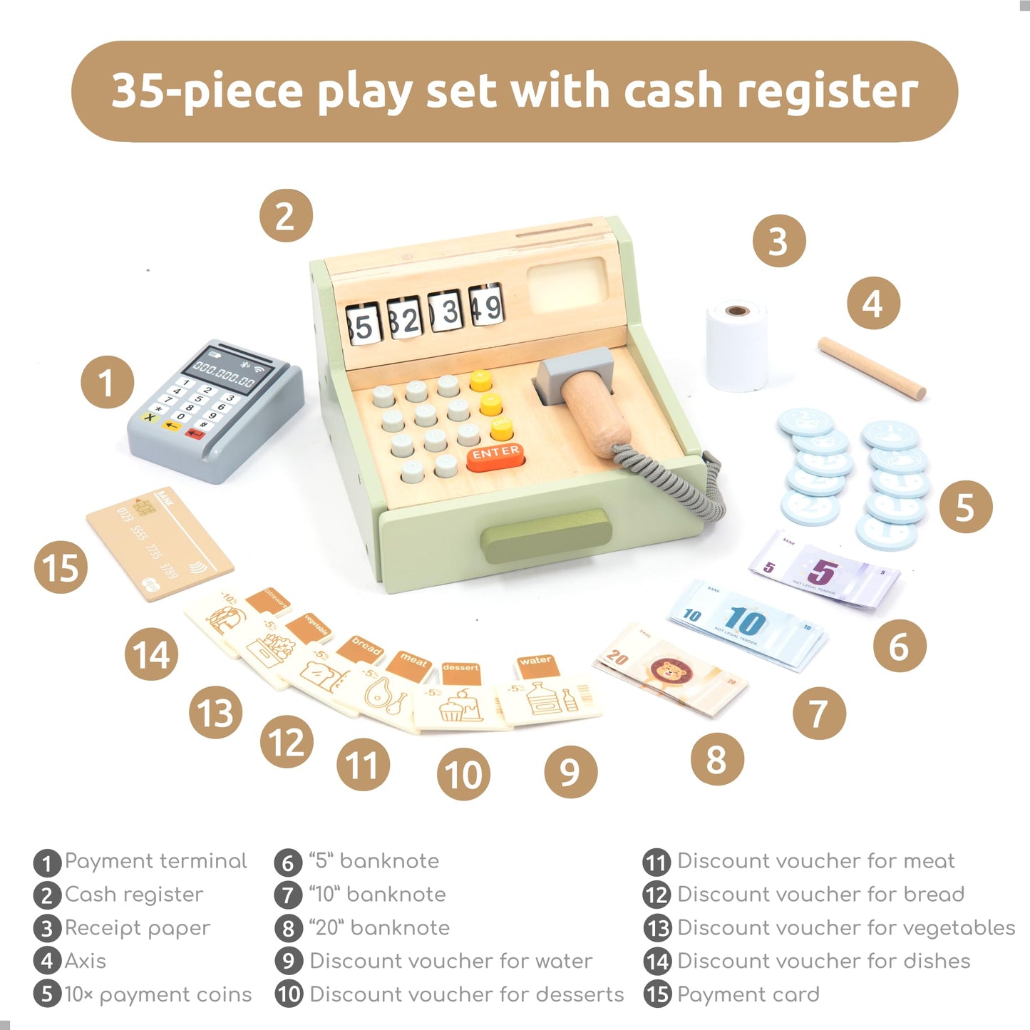 UMU Wooden Cash Register for Kids – 35-Piece Role Play Shop with Scanner, Card Terminal & Play Money