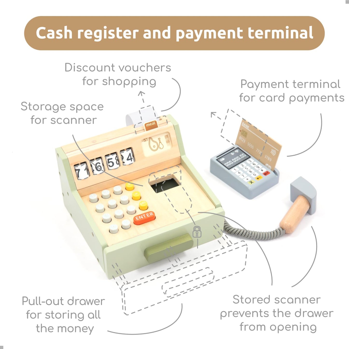 UMU Wooden Cash Register for Kids – 35-Piece Role Play Shop with Scanner, Card Terminal & Play Money