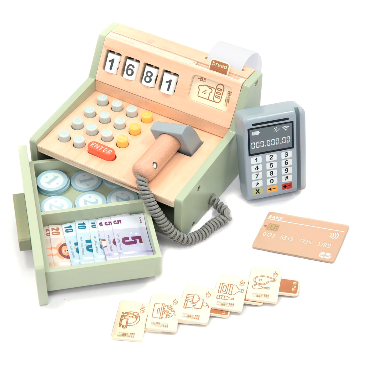 UMU Wooden Cash Register for Kids – 35-Piece Role Play Shop with Scanner, Card Terminal & Play Money