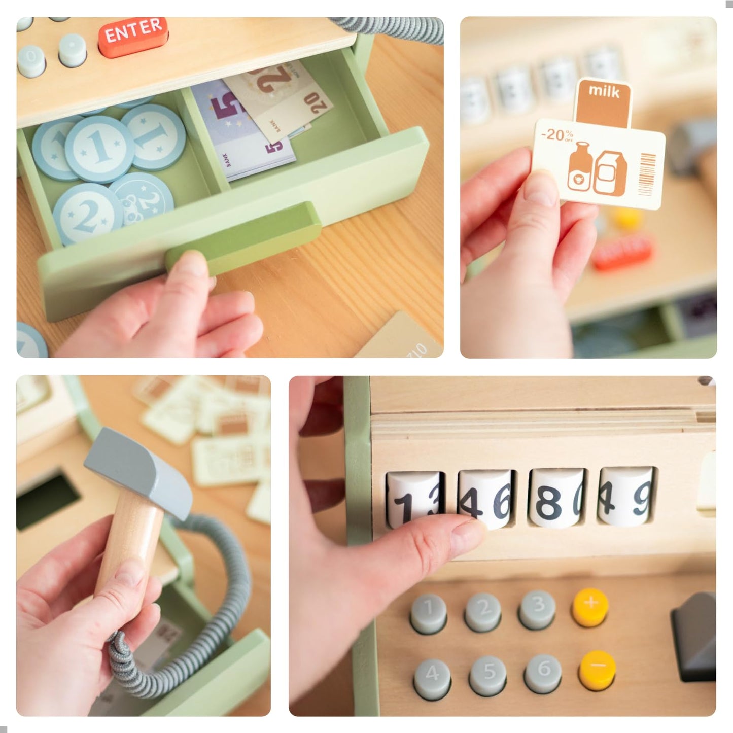 UMU Wooden Cash Register for Kids – 35-Piece Role Play Shop with Scanner, Card Terminal & Play Money