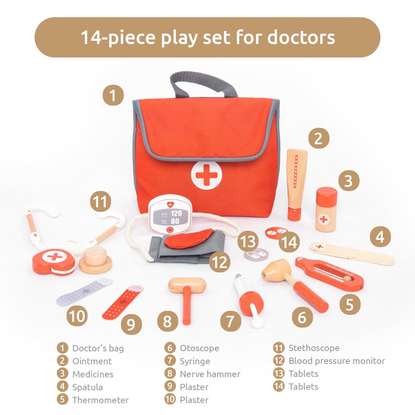 UMU® Wooden Mini Doctor Kit for Kids – 14-Piece Medical Playset with Stethoscope, Blood Pressure Cuff & More