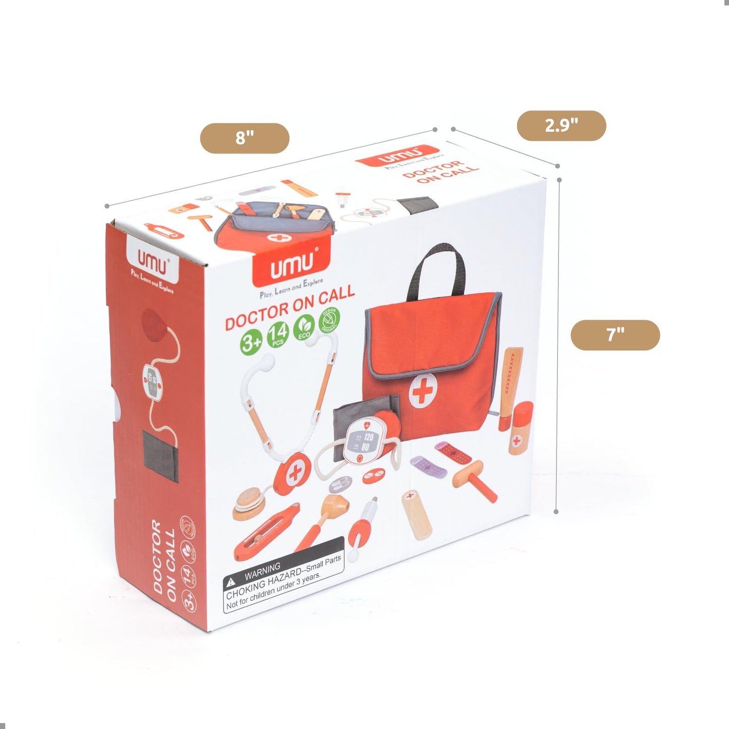 UMU® Wooden Mini Doctor Kit for Kids – 14-Piece Medical Playset with Stethoscope, Blood Pressure Cuff & More