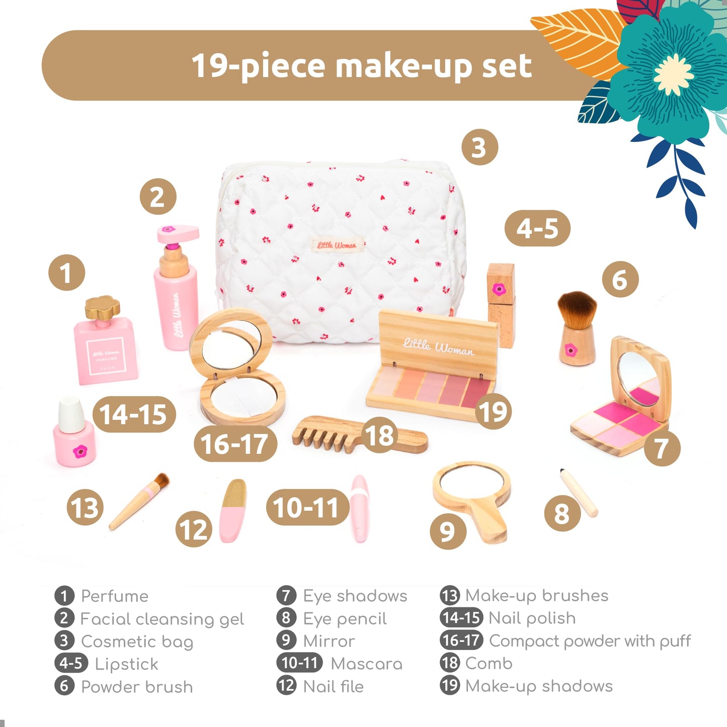 UMU Wooden Pretend Makeup Kit for Toddlers – Realistic Toy Beauty Set for Girls Ages 3–6