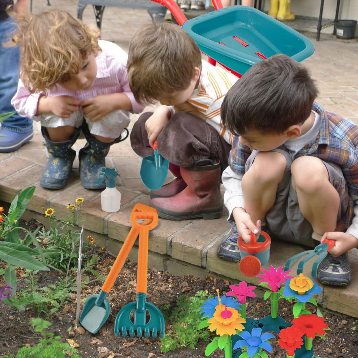 unanscre Gardening Tool Set for Kids with Toddler Wheelbarrow & Apron | Pretend Play Outdoor Garden Toys