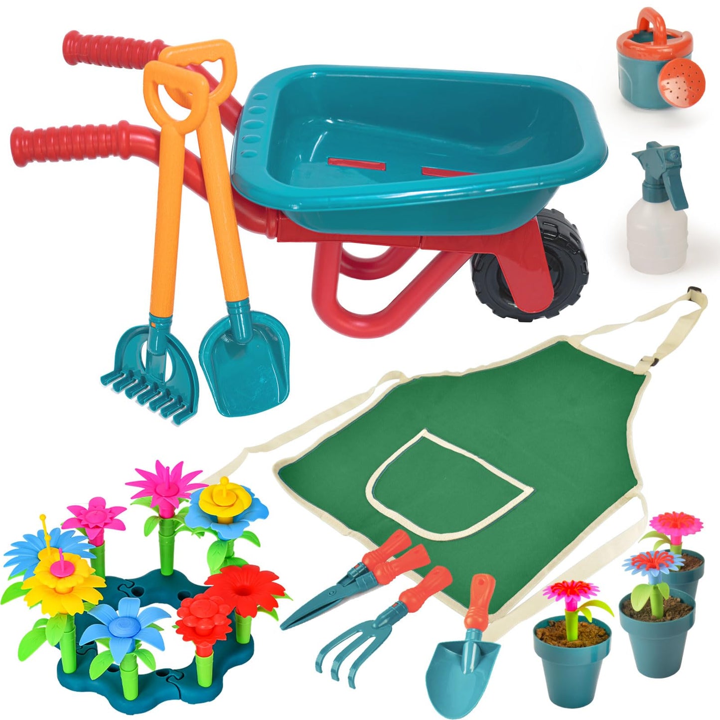 unanscre Gardening Tool Set for Kids with Toddler Wheelbarrow & Apron | Pretend Play Outdoor Garden Toys