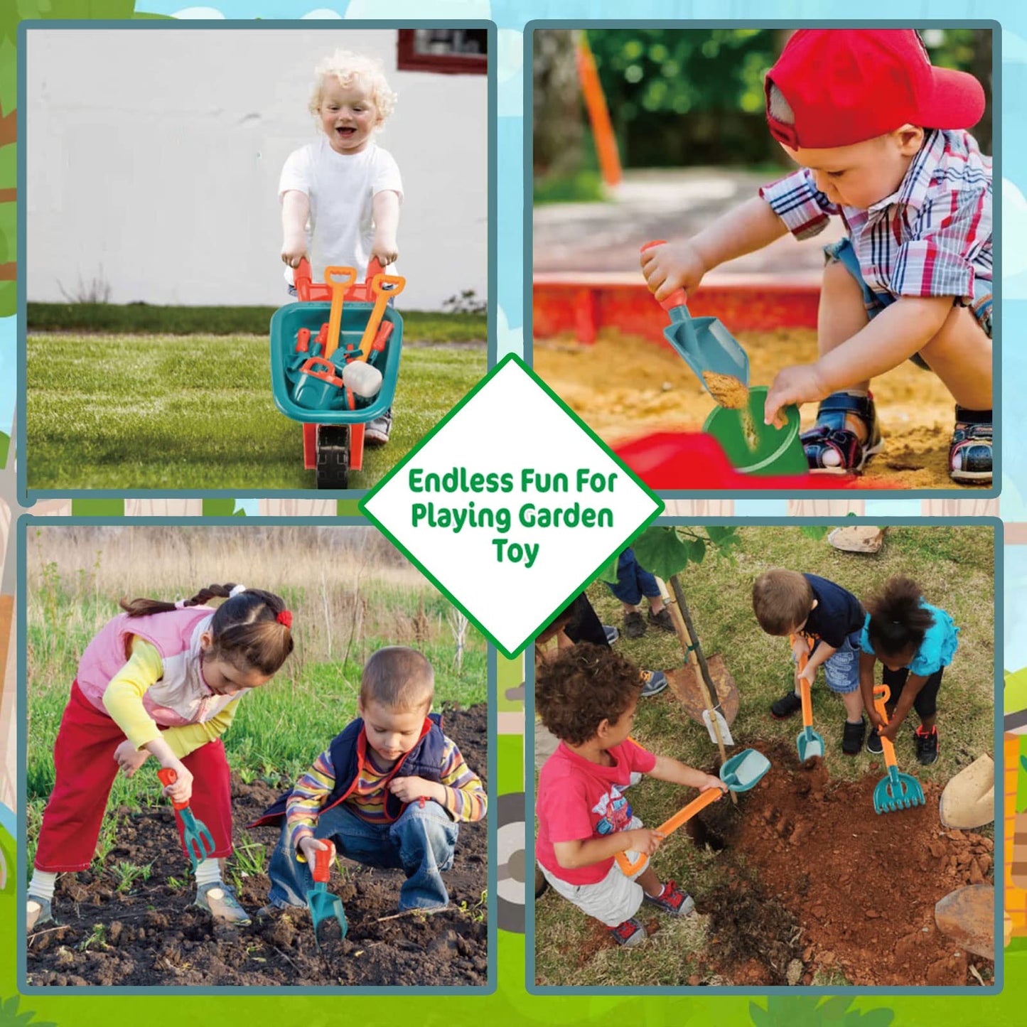 unanscre Gardening Tool Set for Kids with Toddler Wheelbarrow & Apron | Pretend Play Outdoor Garden Toys