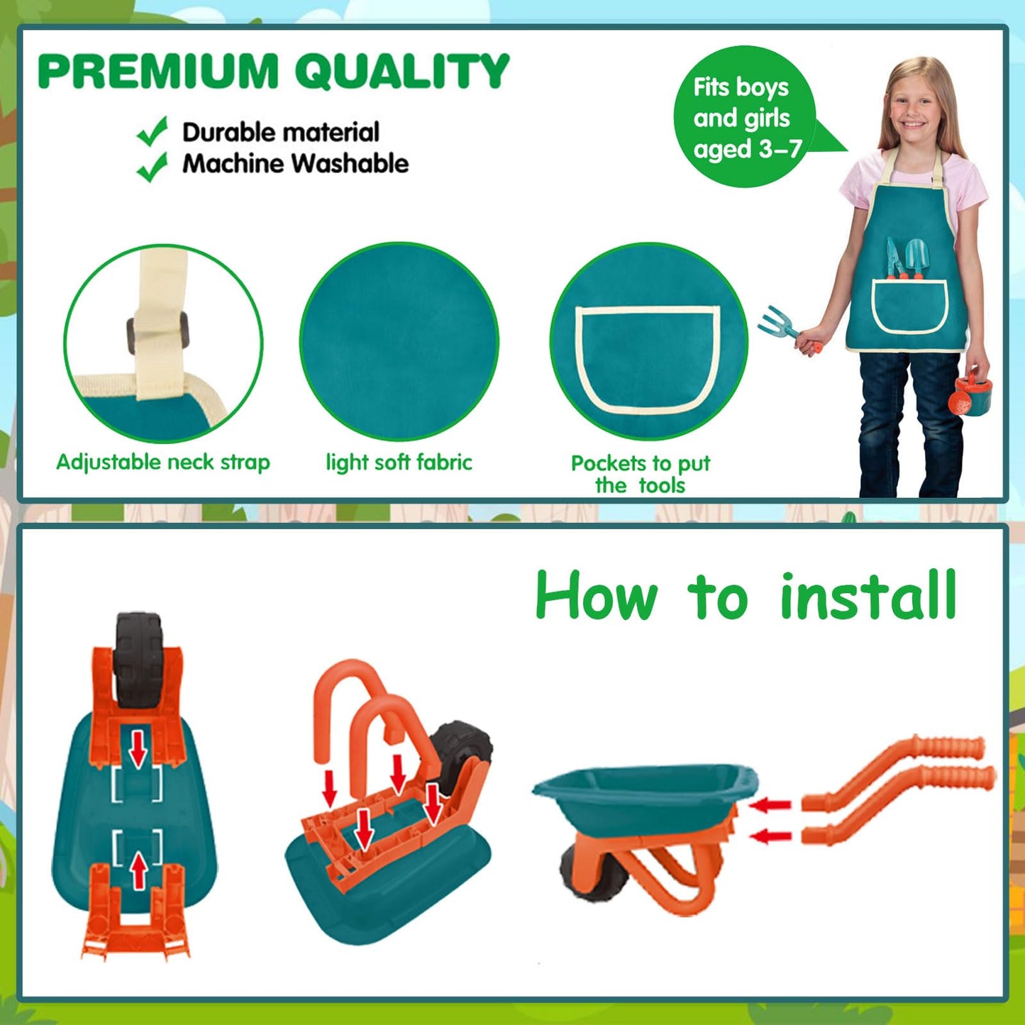 unanscre Gardening Tool Set for Kids with Toddler Wheelbarrow & Apron | Pretend Play Outdoor Garden Toys