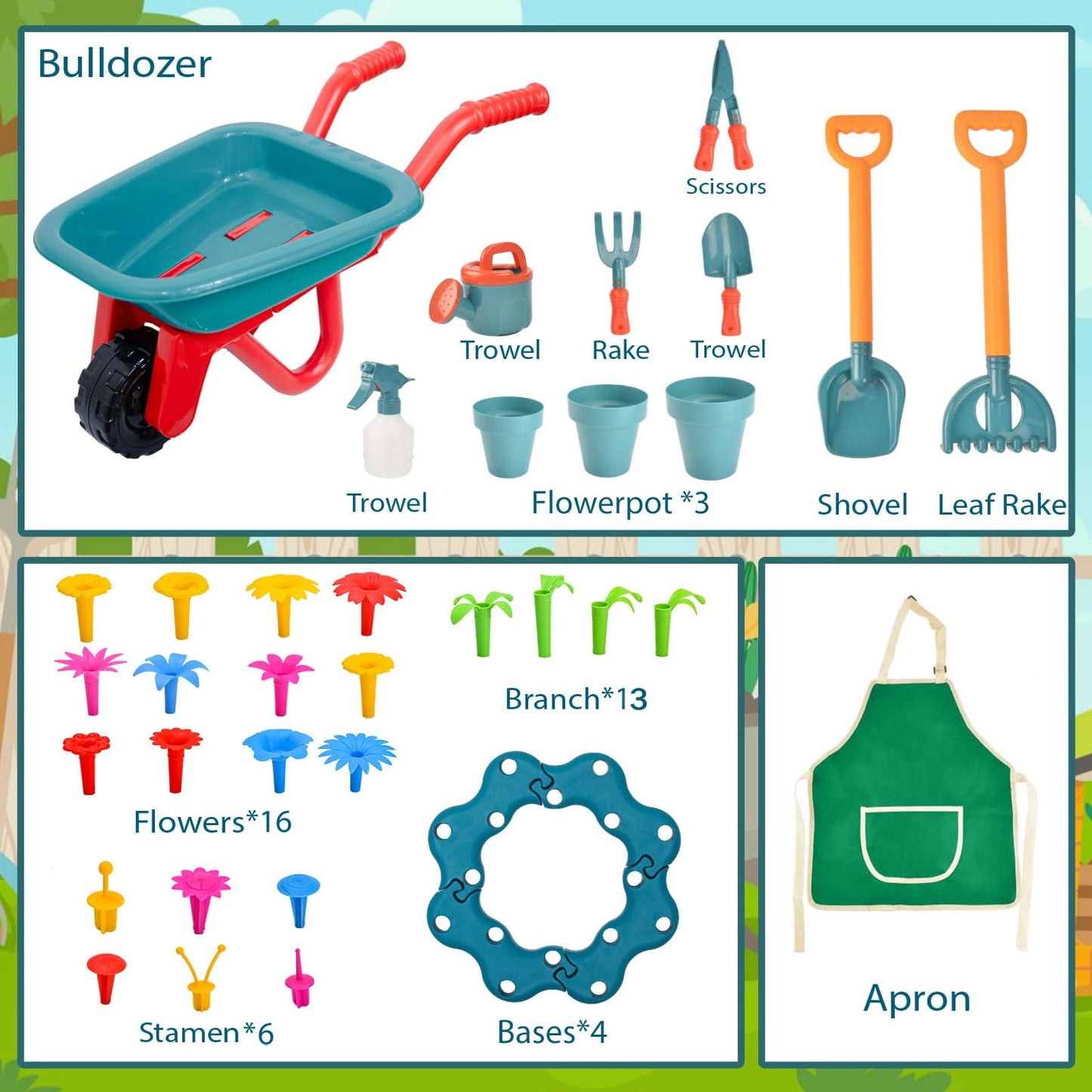 unanscre Gardening Tool Set for Kids with Toddler Wheelbarrow & Apron | Pretend Play Outdoor Garden Toys