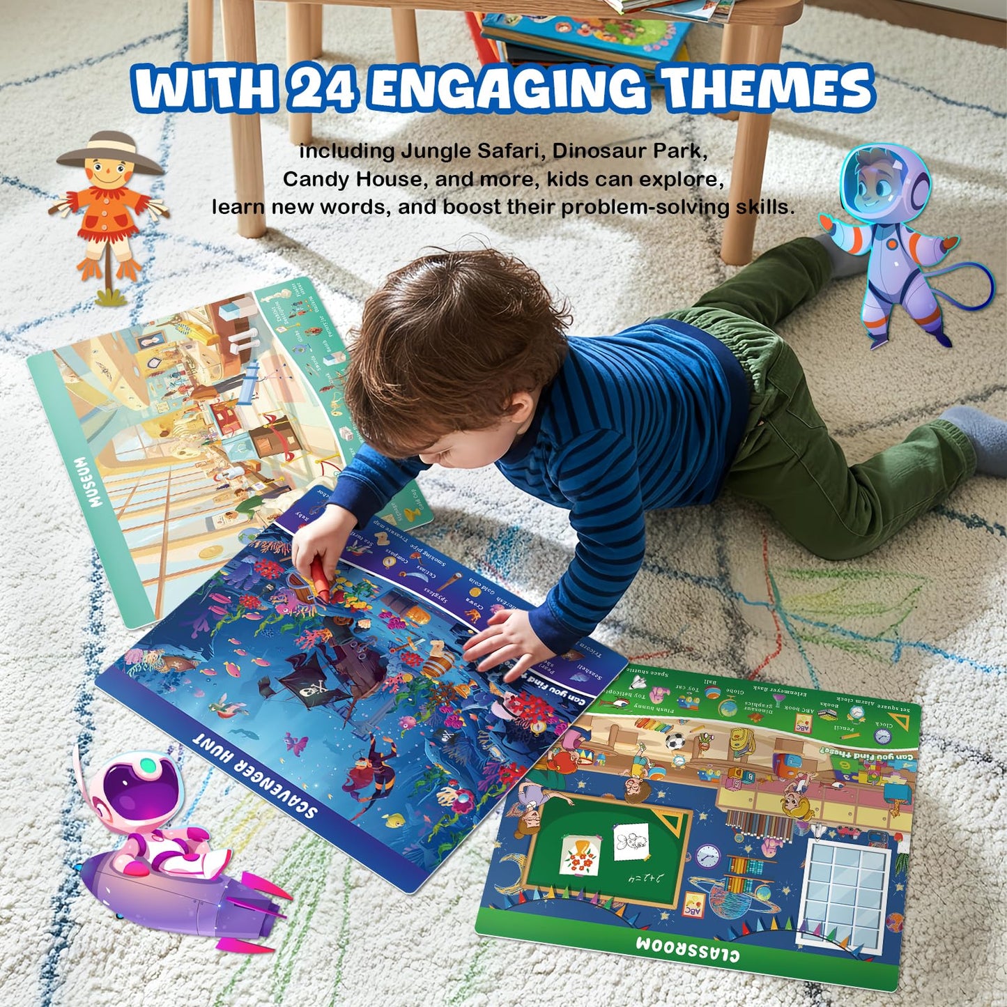 Underbartliv Search and Find Cards Set – 24 Themes, 2 Dry Erase Markers for Kids 3-5 | Road Trip Activities