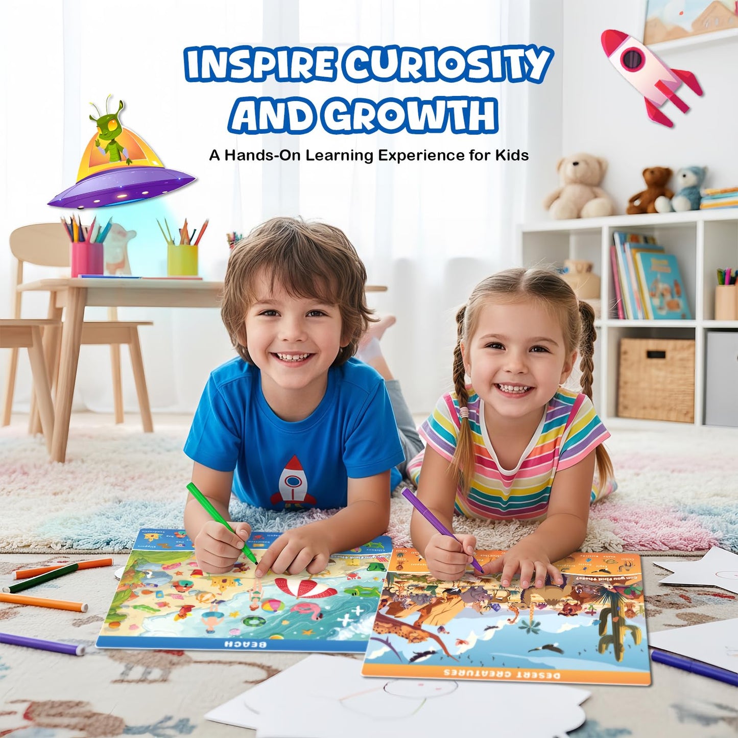 Underbartliv Search and Find Cards Set – 24 Themes, 2 Dry Erase Markers for Kids 3-5 | Road Trip Activities