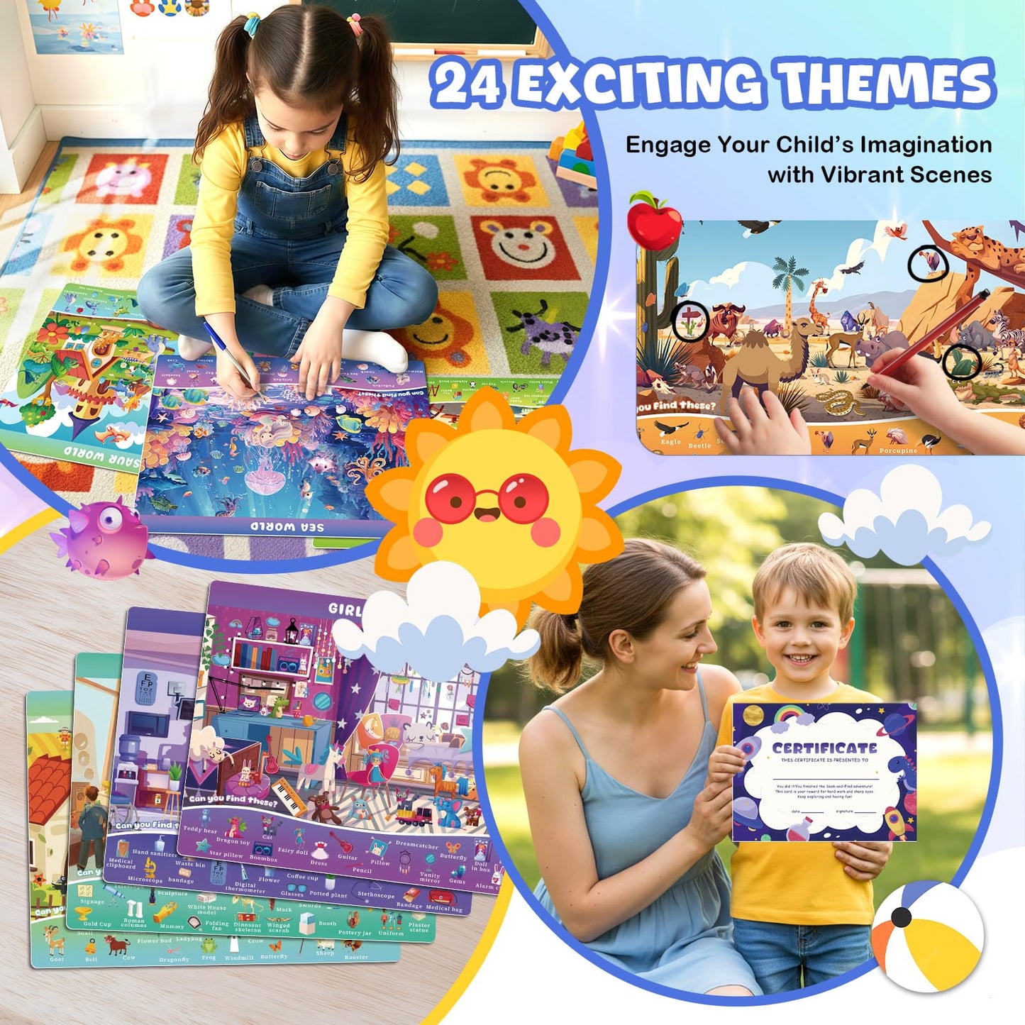 Underbartliv Search and Find Cards Set – 24 Themes, 2 Dry Erase Markers for Kids 3-5 | Road Trip Activities