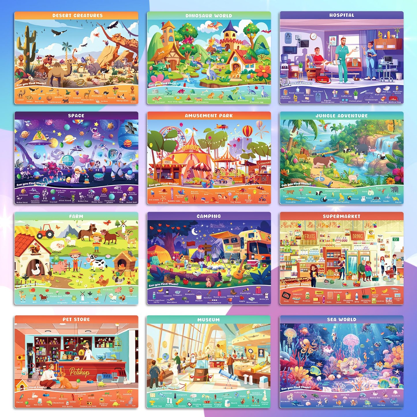 Underbartliv Search and Find Cards Set – 24 Themes, 2 Dry Erase Markers for Kids 3-5 | Road Trip Activities
