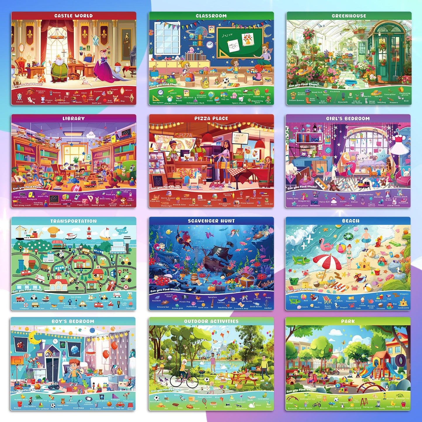 Underbartliv Search and Find Cards Set – 24 Themes, 2 Dry Erase Markers for Kids 3-5 | Road Trip Activities