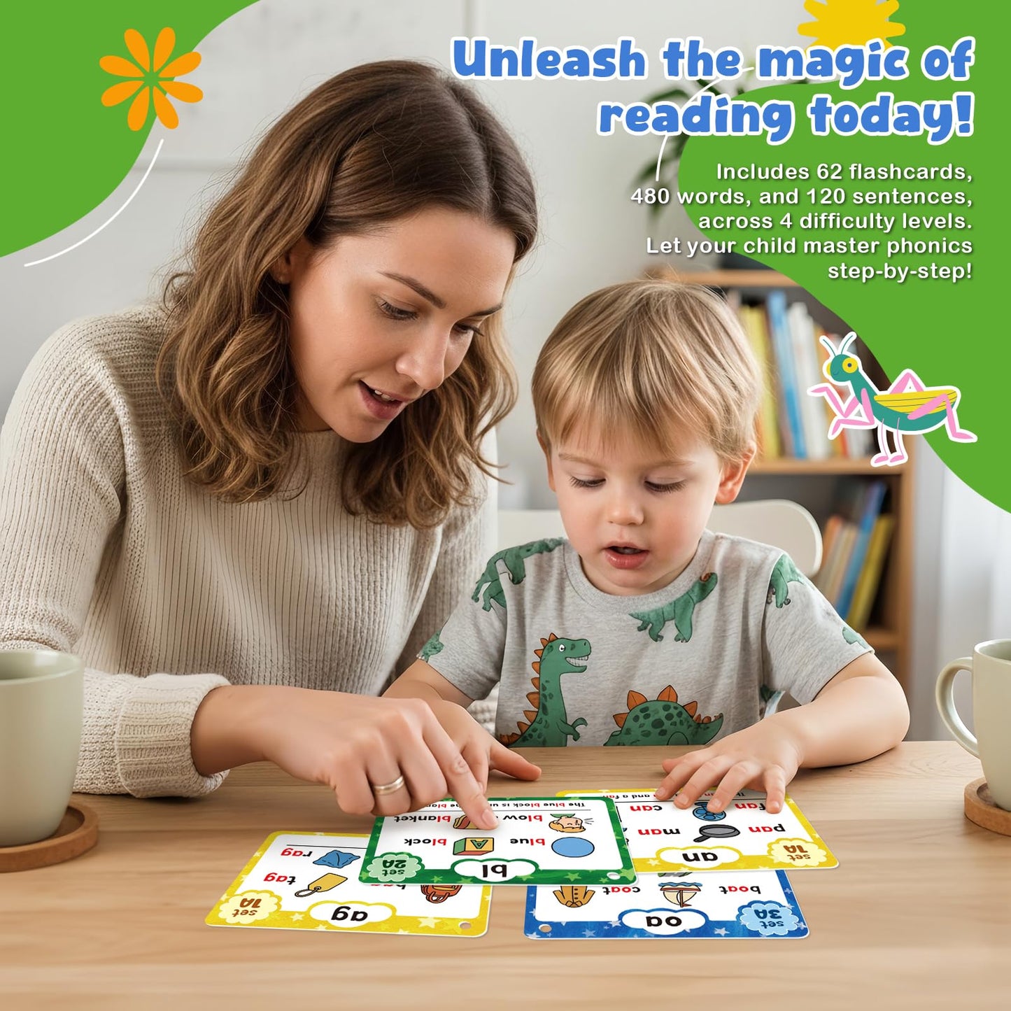 Underbartliv Phonics Flash Cards for Kindergarten to 2nd Grade – 62 Cards, 20 Phonogram Stages