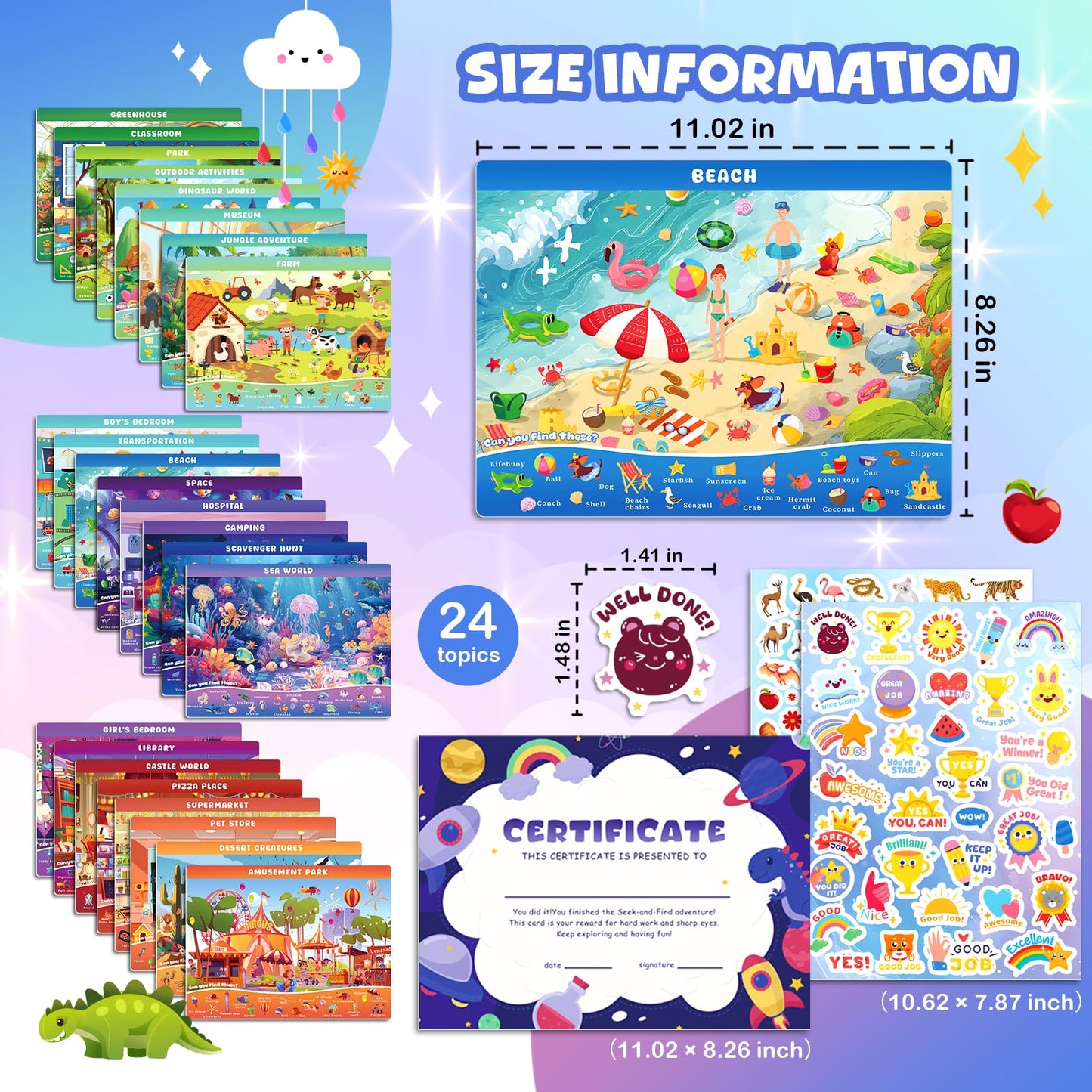 Underbartliv Search and Find Cards Set – 24 Themes, 2 Dry Erase Markers for Kids 3-5 | Road Trip Activities