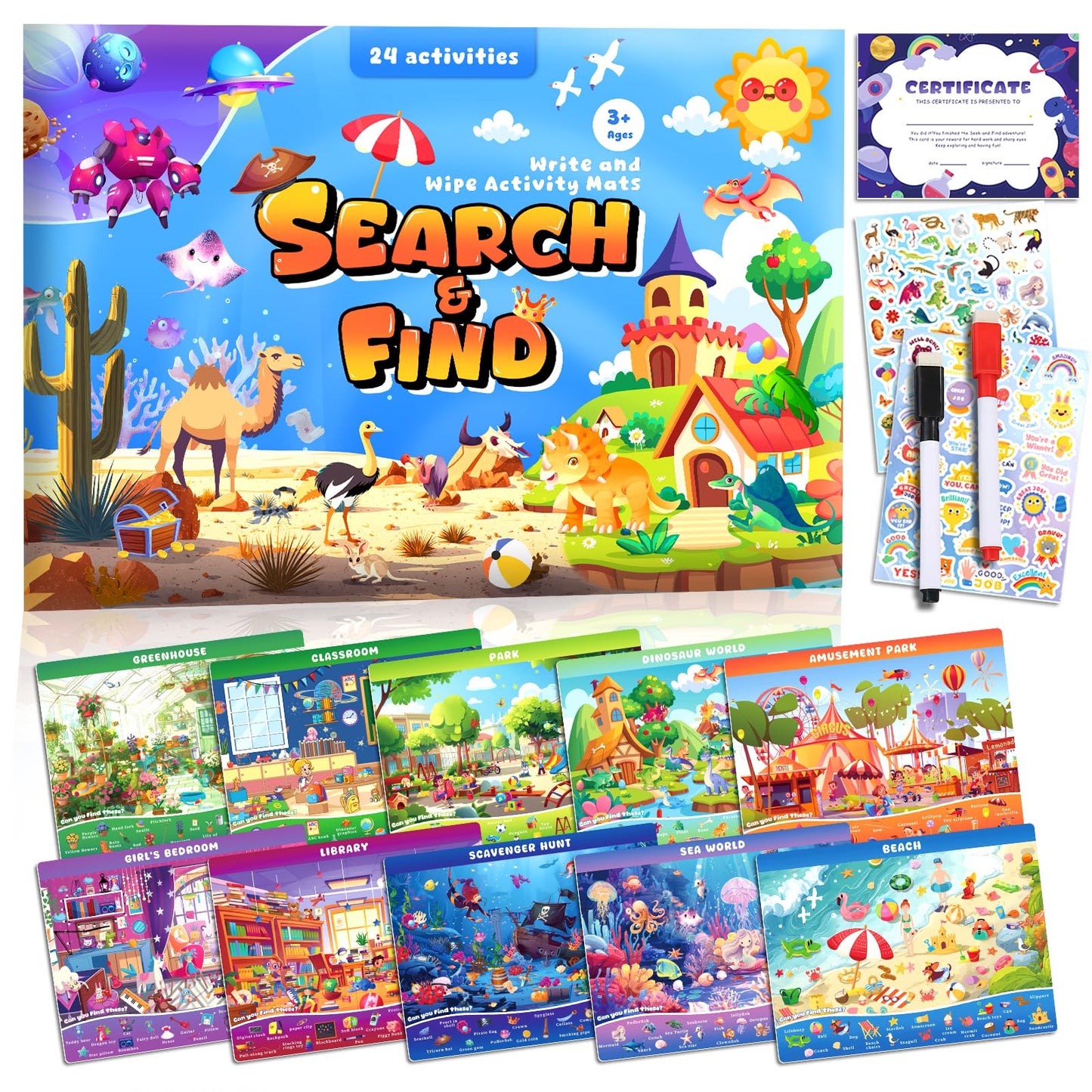Underbartliv Search and Find Cards Set – 24 Themes, 2 Dry Erase Markers for Kids 3-5 | Road Trip Activities