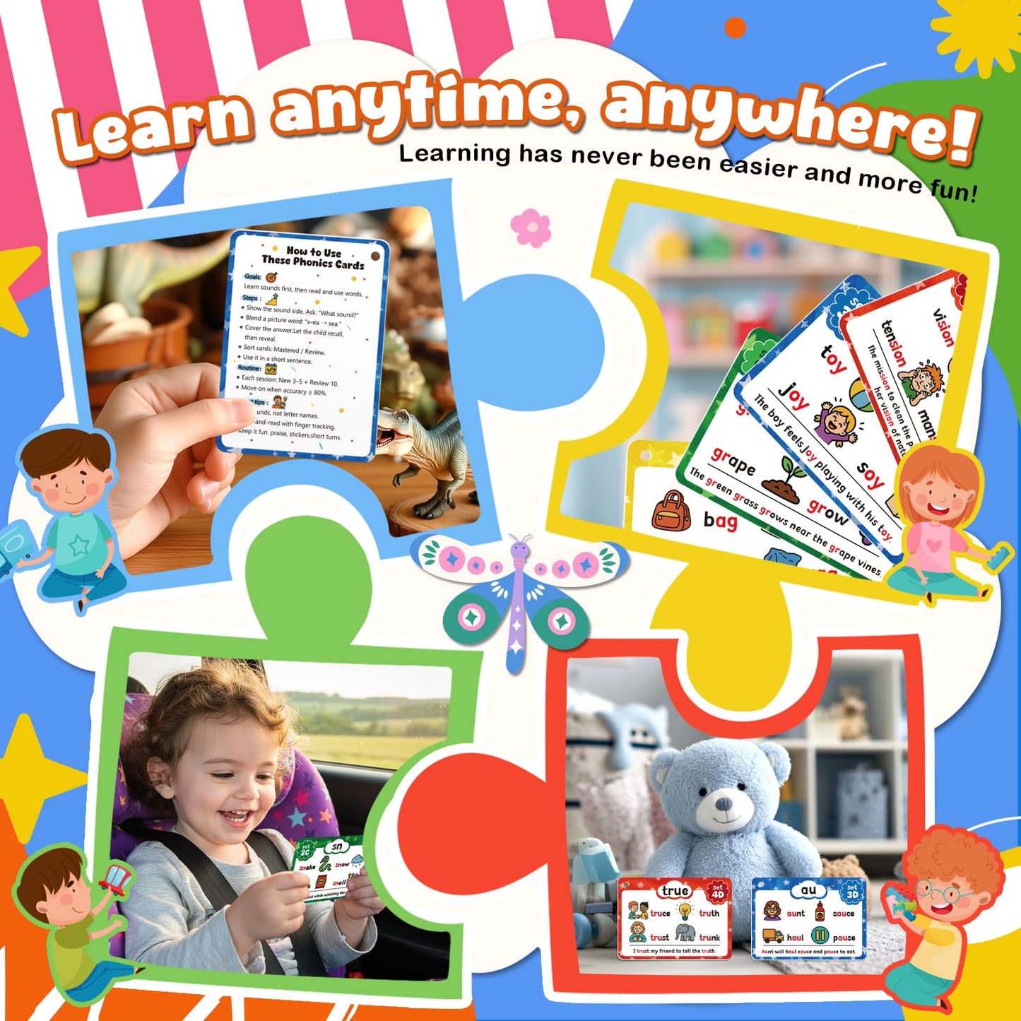 Underbartliv Phonics Flash Cards for Kindergarten to 2nd Grade – 62 Cards, 20 Phonogram Stages